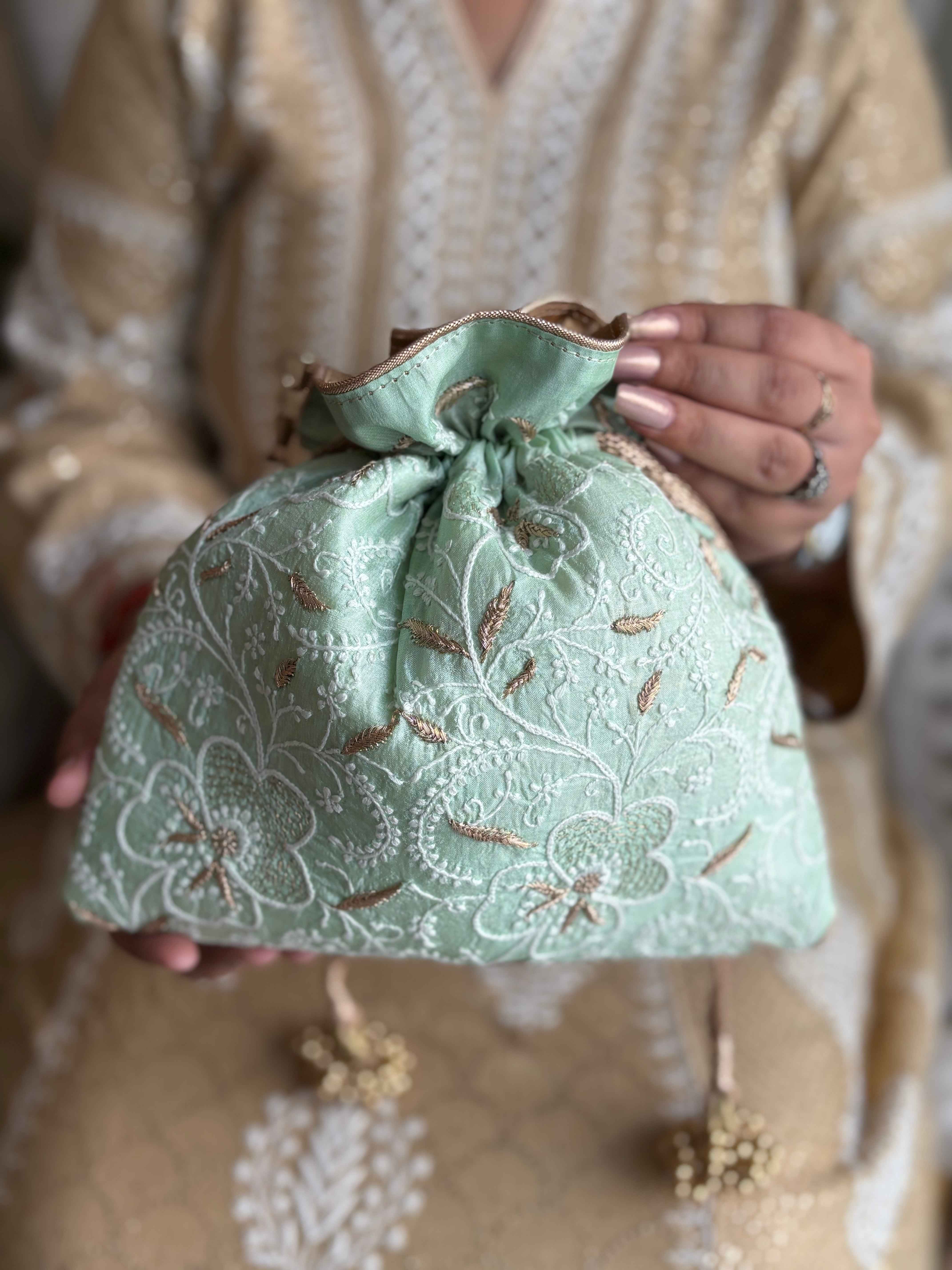 Cruise Chikankari Potli Bag - Elegant Handcrafted Accessory for Stylish Outings - Pleats PleaseChikankari