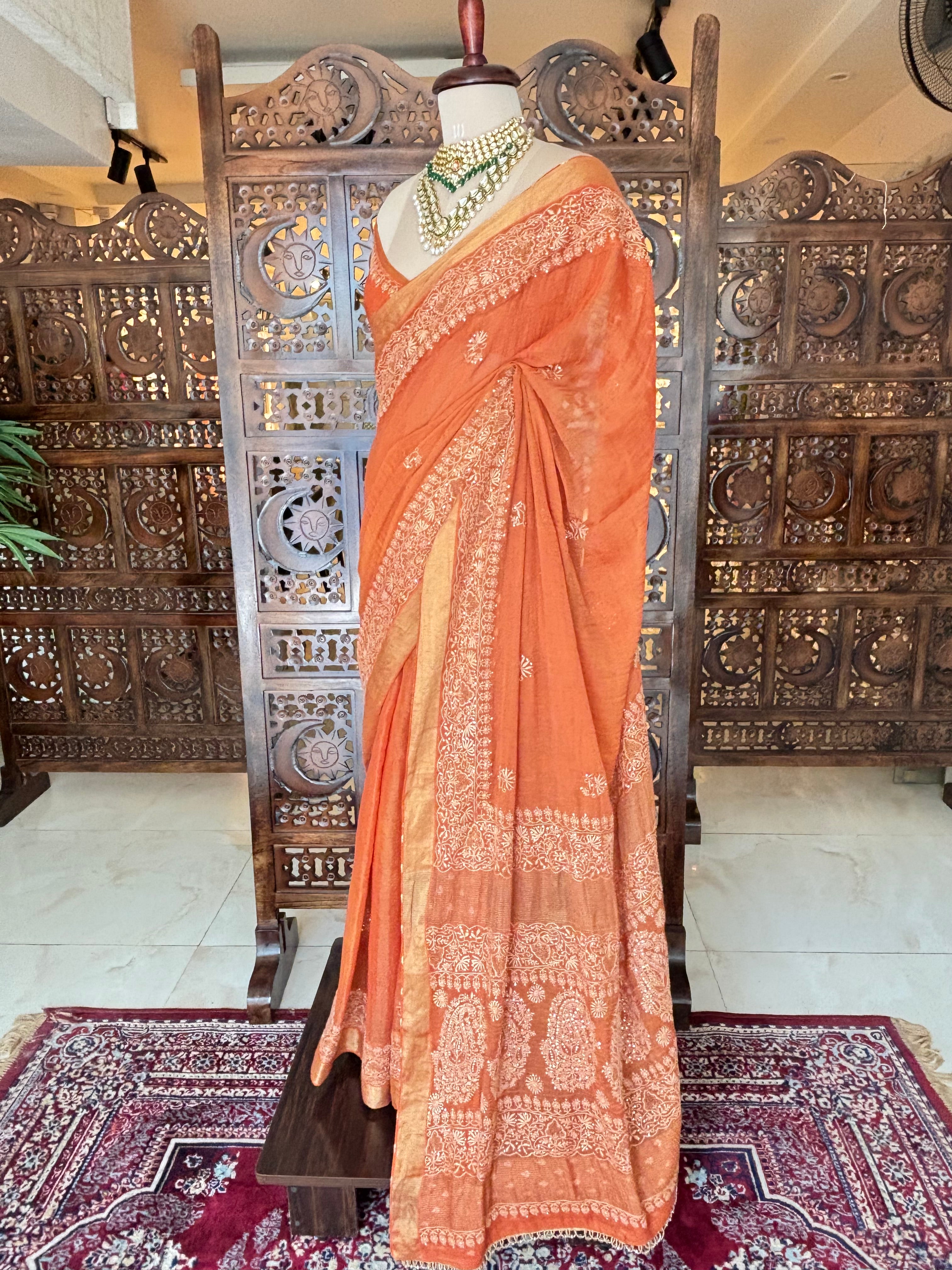 Burnt Orange Tissue Mukaish Chikankari Saree - Elegance Redefined - Pleats PleaseChikankari