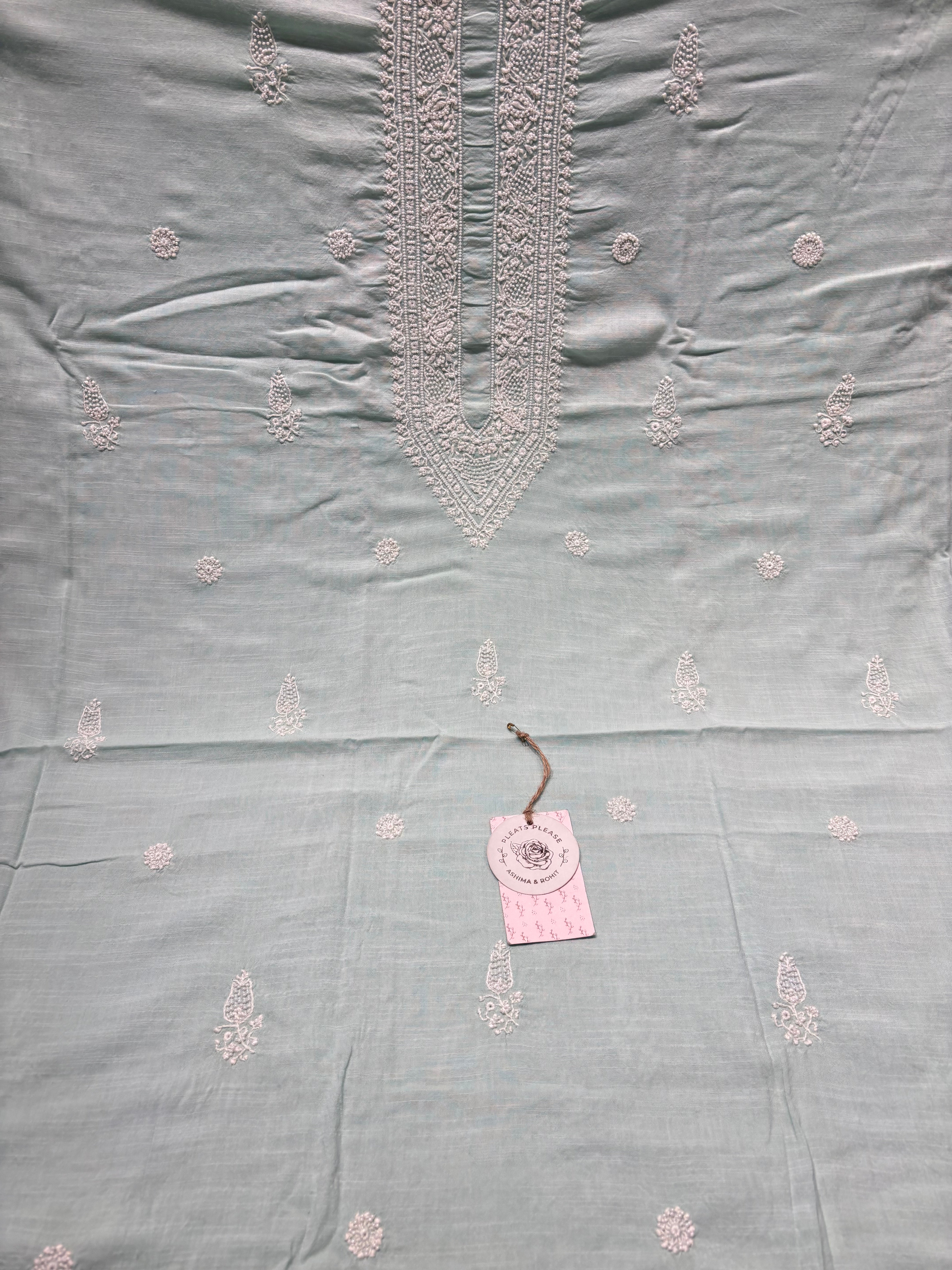 Sea foam Mul Chikankari Men's Kurta Fabric