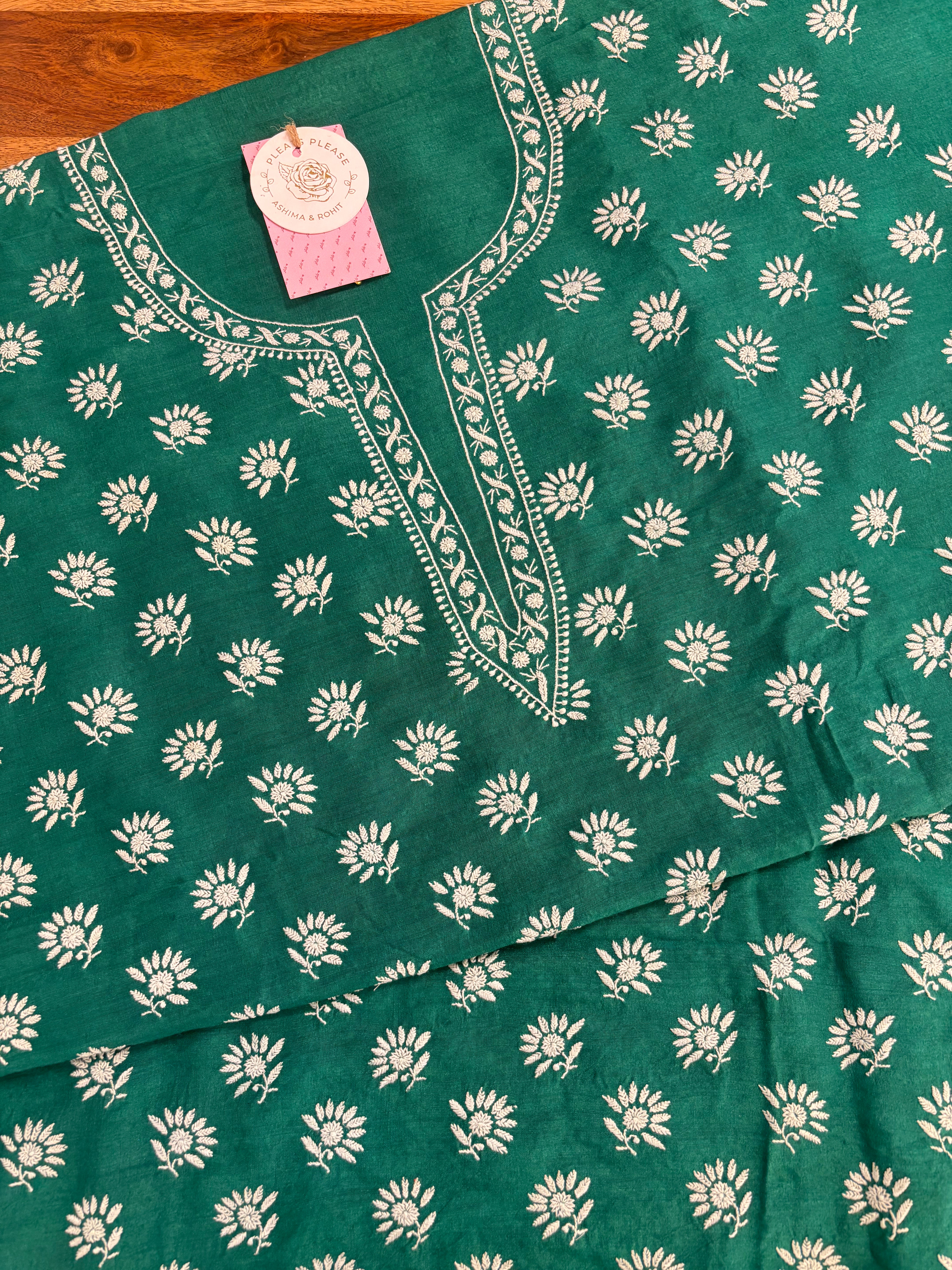 Emerald Green Monga Silk Chikankari Kurta & Dupatta