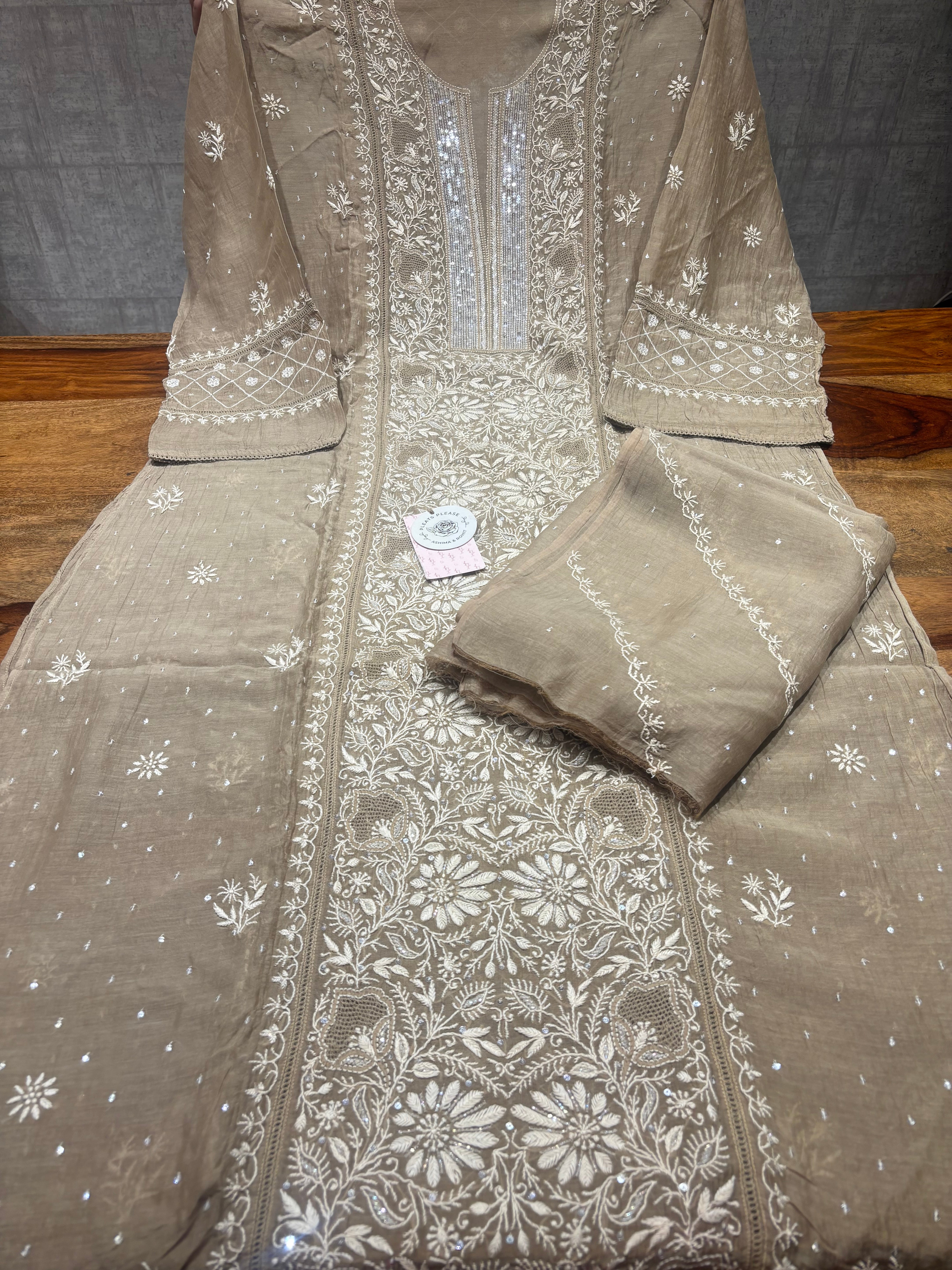 Brown Chanderi Mul Chikankari Kurta & Dupatta Set