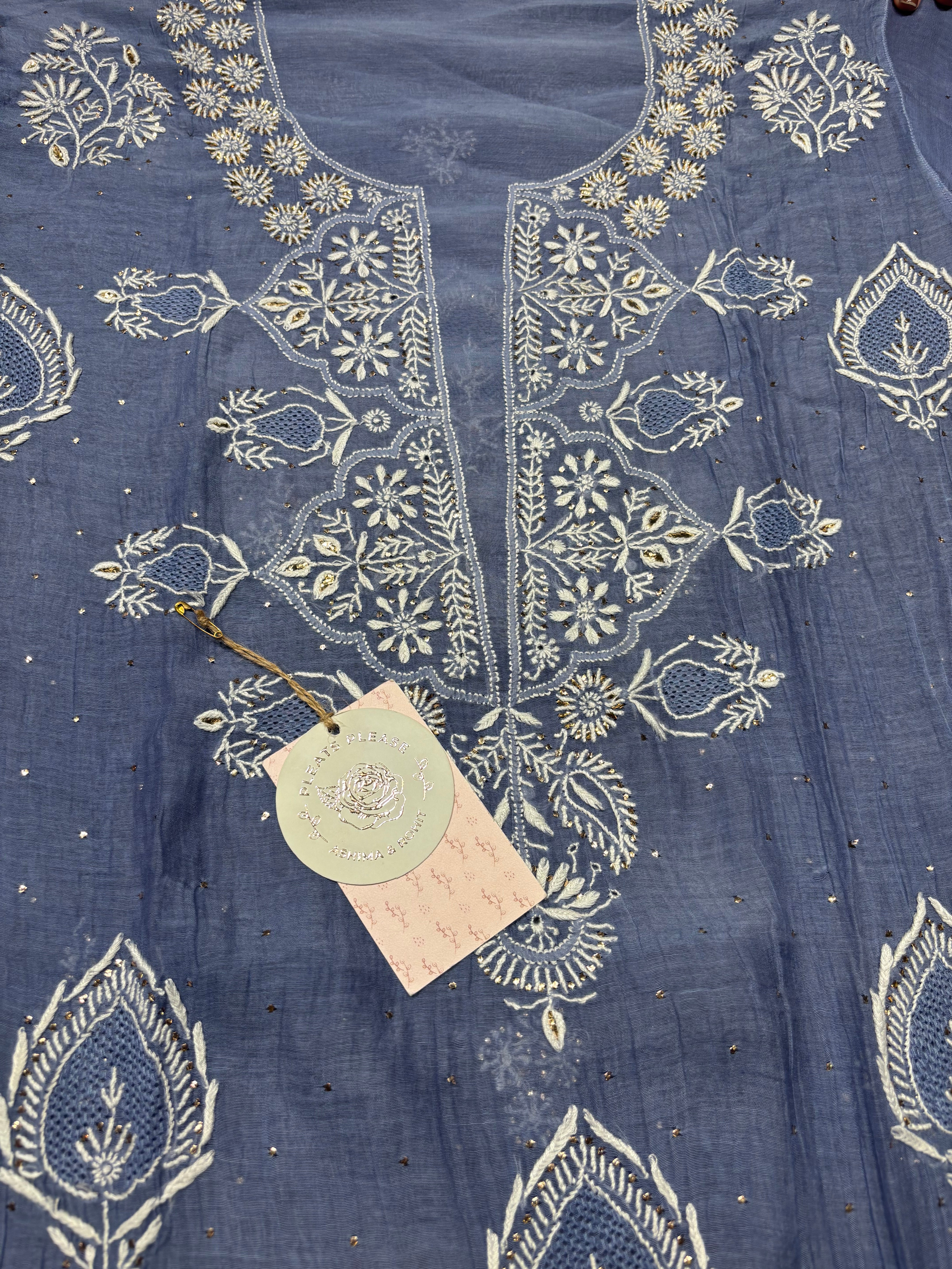 Blue Chanderi Mul Chikankari & Mukaish Kurta and Dupatta set