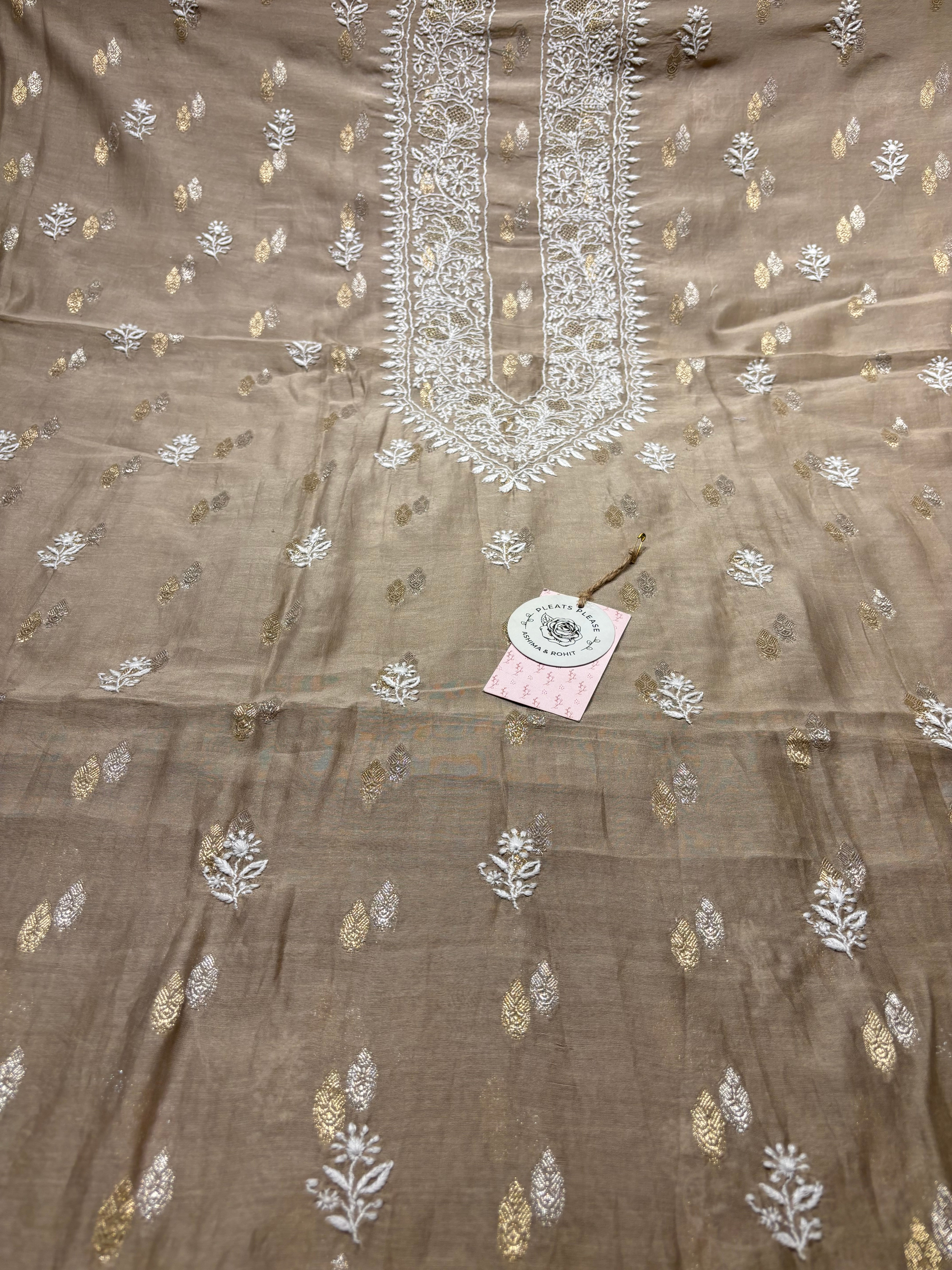 Brown Chanderi Silk Chikankari Men's Kurta Fabric