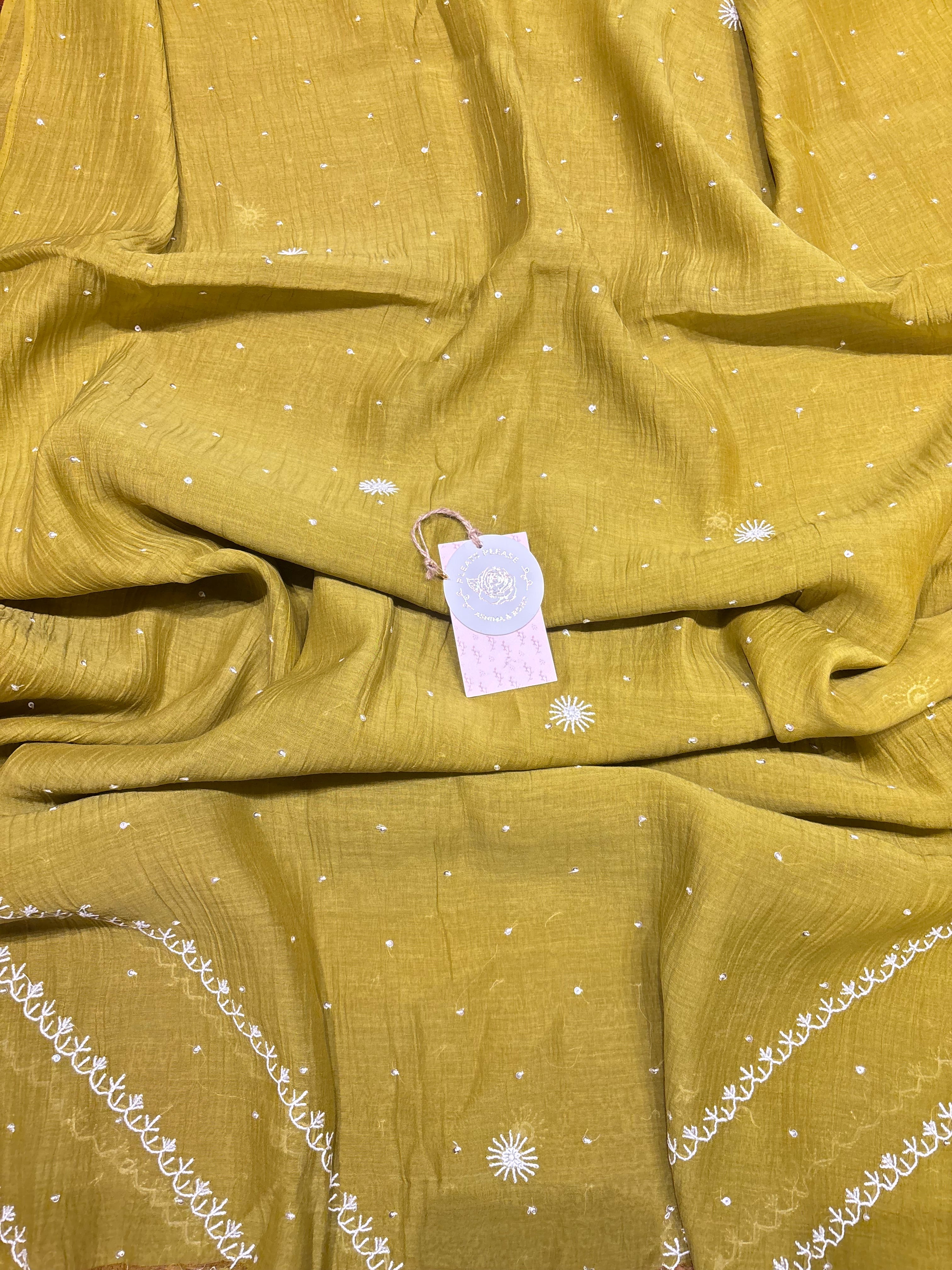 Olive Green Chanderi Mul Chikankari Kurta and Dupatta