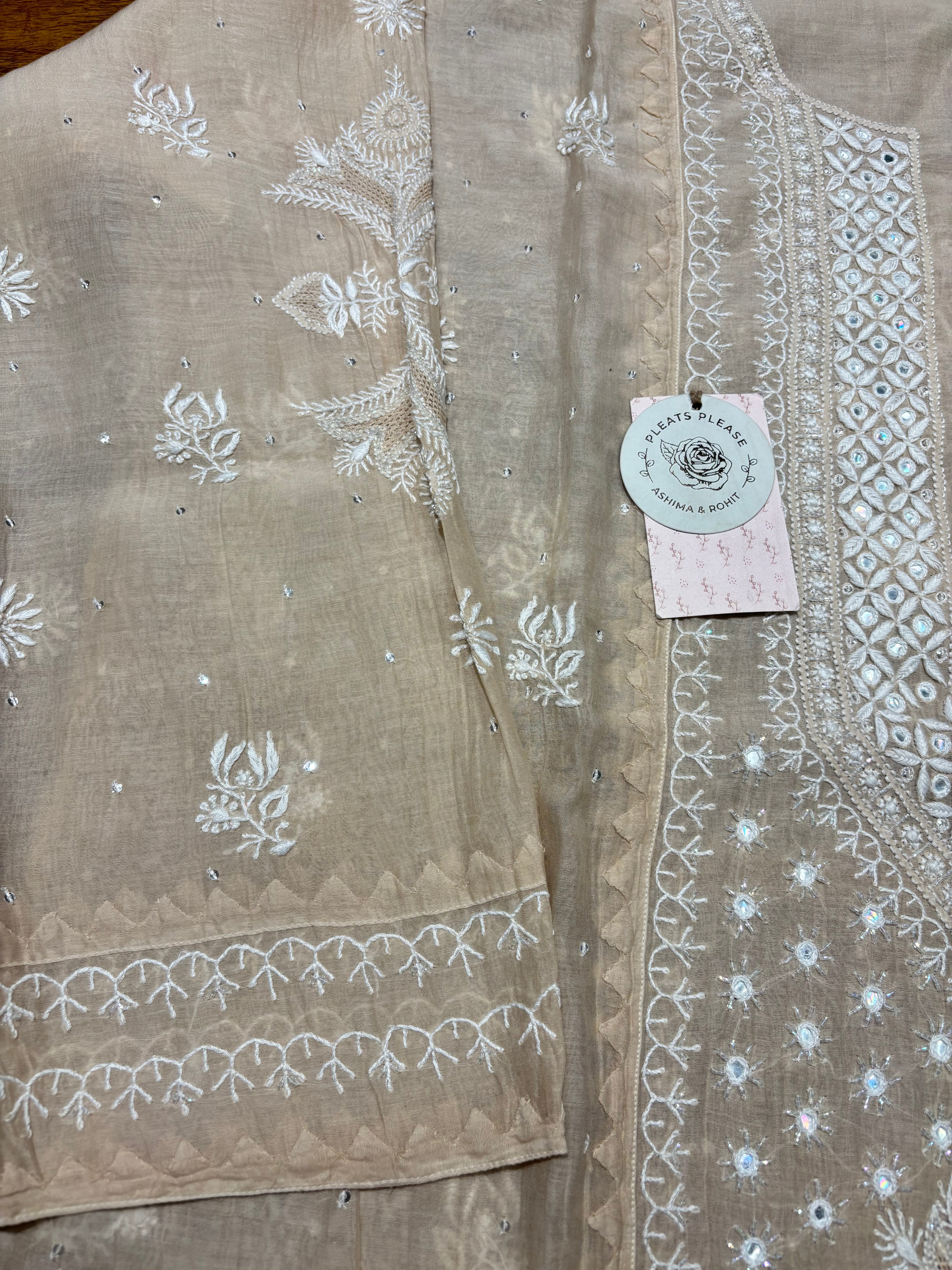 Coffee Cream Chanderi Mul Chikankari Kurta and Dupatta Set