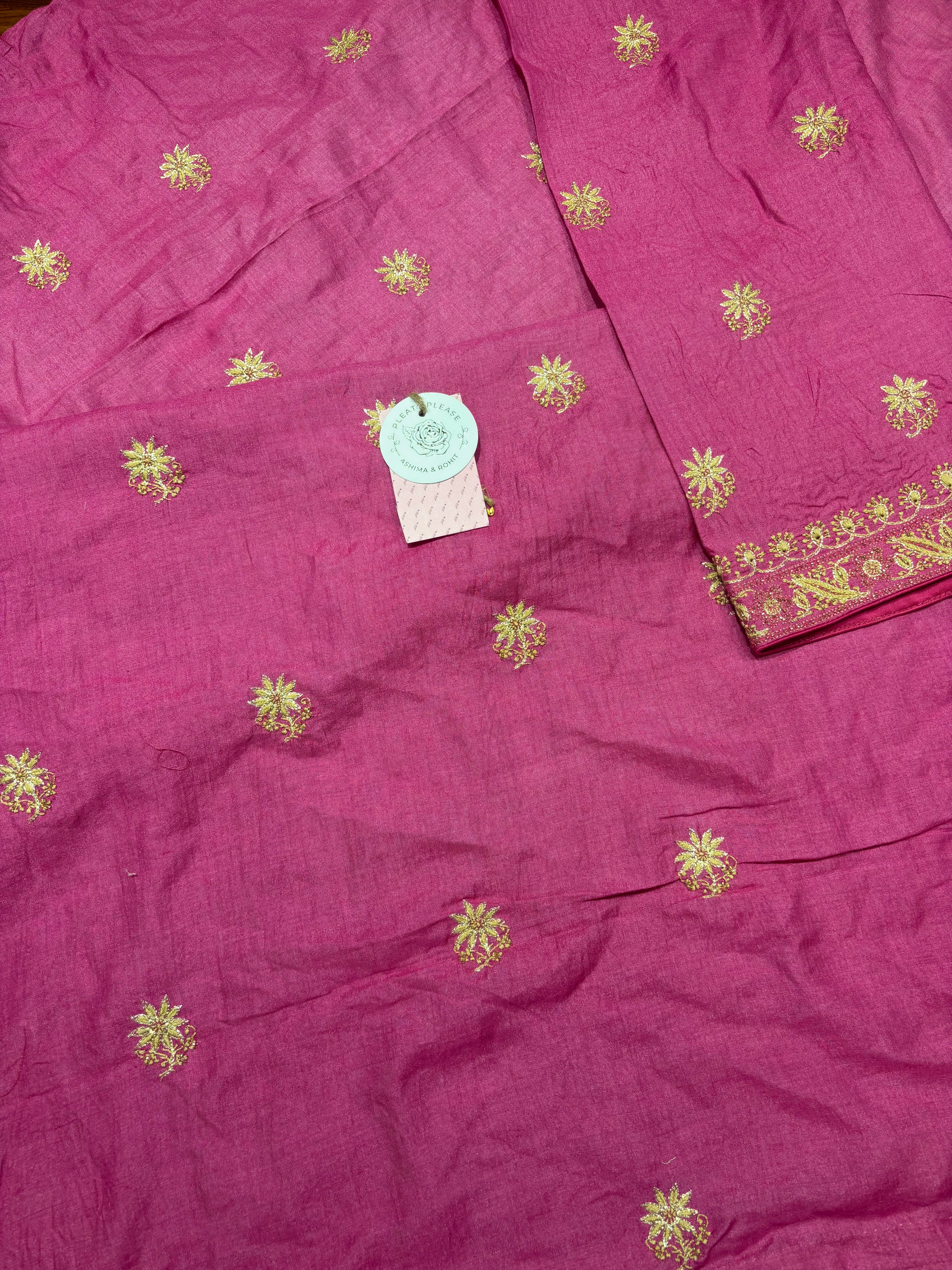 Magenta Pink Pure & Premium Monga Silk Chikankari Kurta, Dupatta & Bottom Fabric