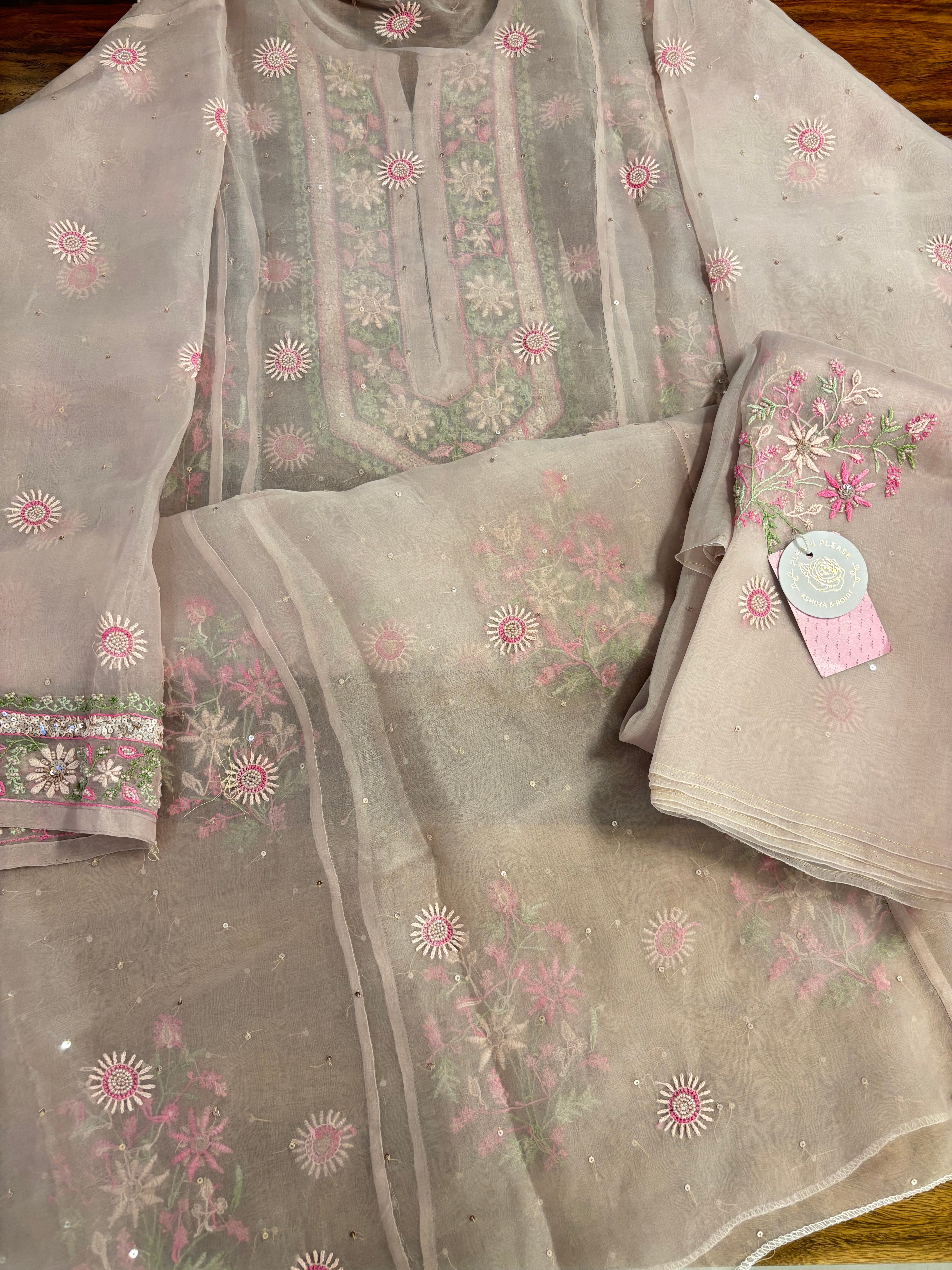 Blush Pink Pure Organza Silk Chikankari Kurta & Dupatta