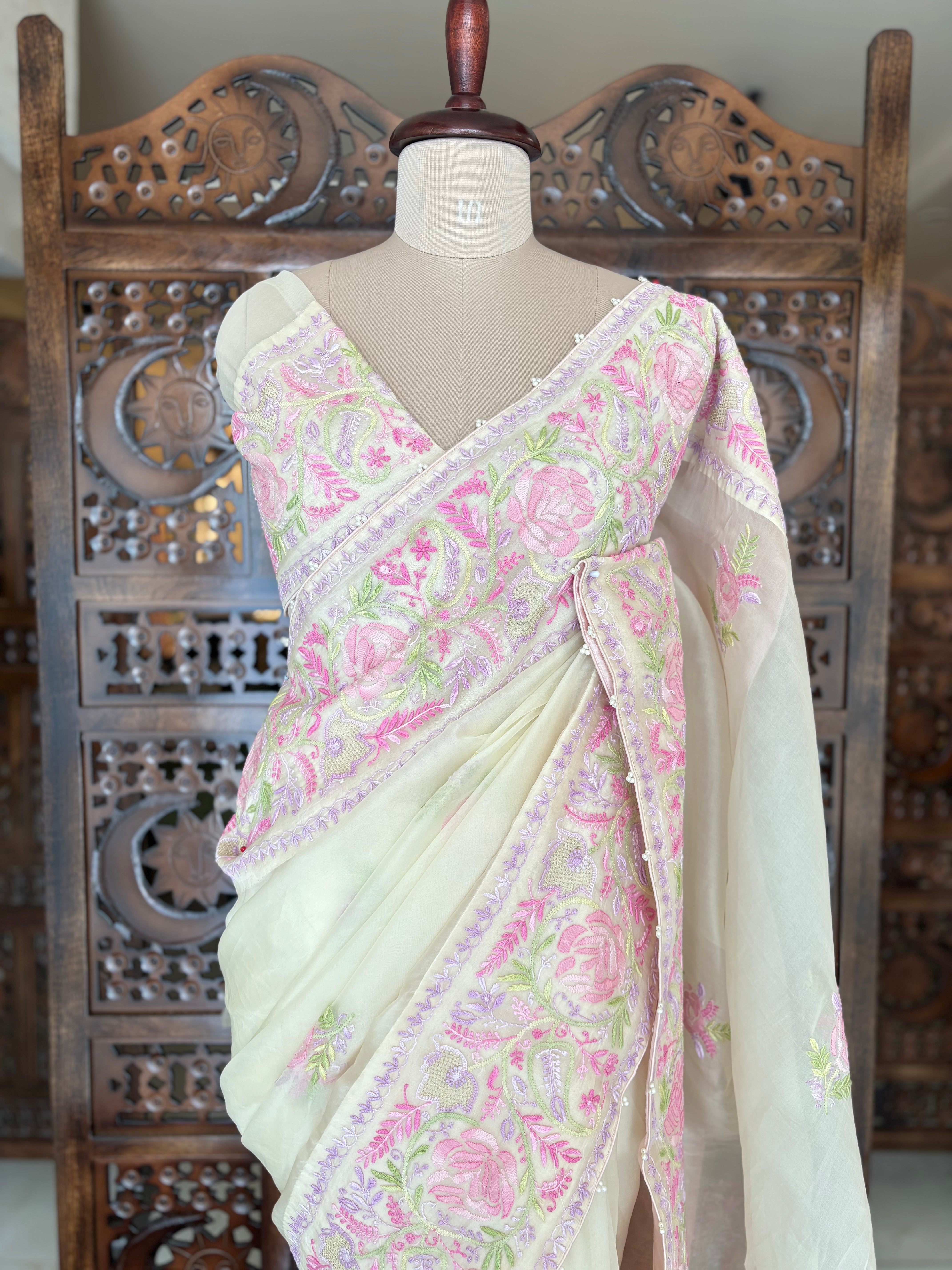 Lime Yellow Organza Silk Chikankari Saree and Blouse