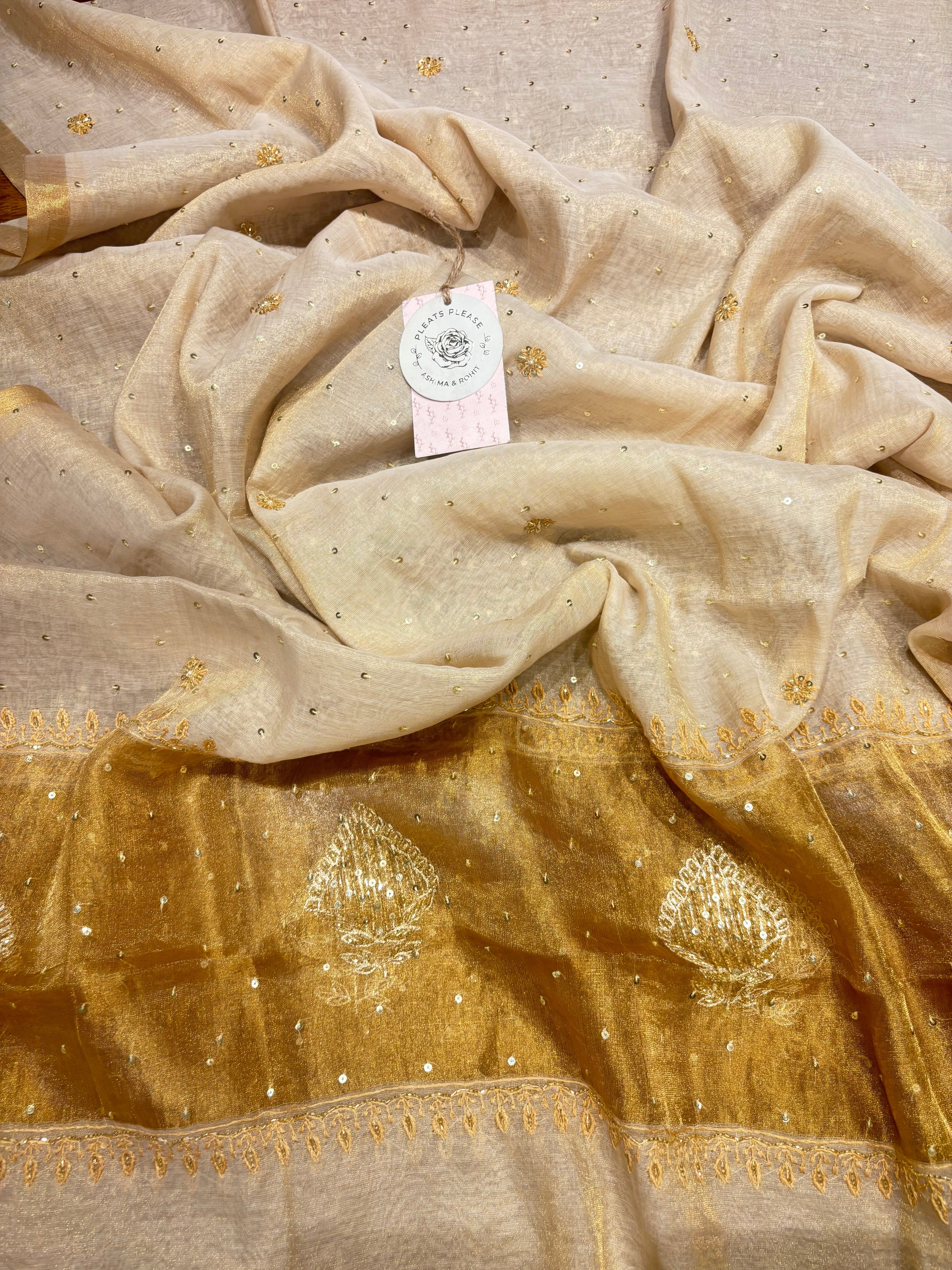 Dyeable Pure Gold Tissue Chikankari A-line Anarkali and Dupatta