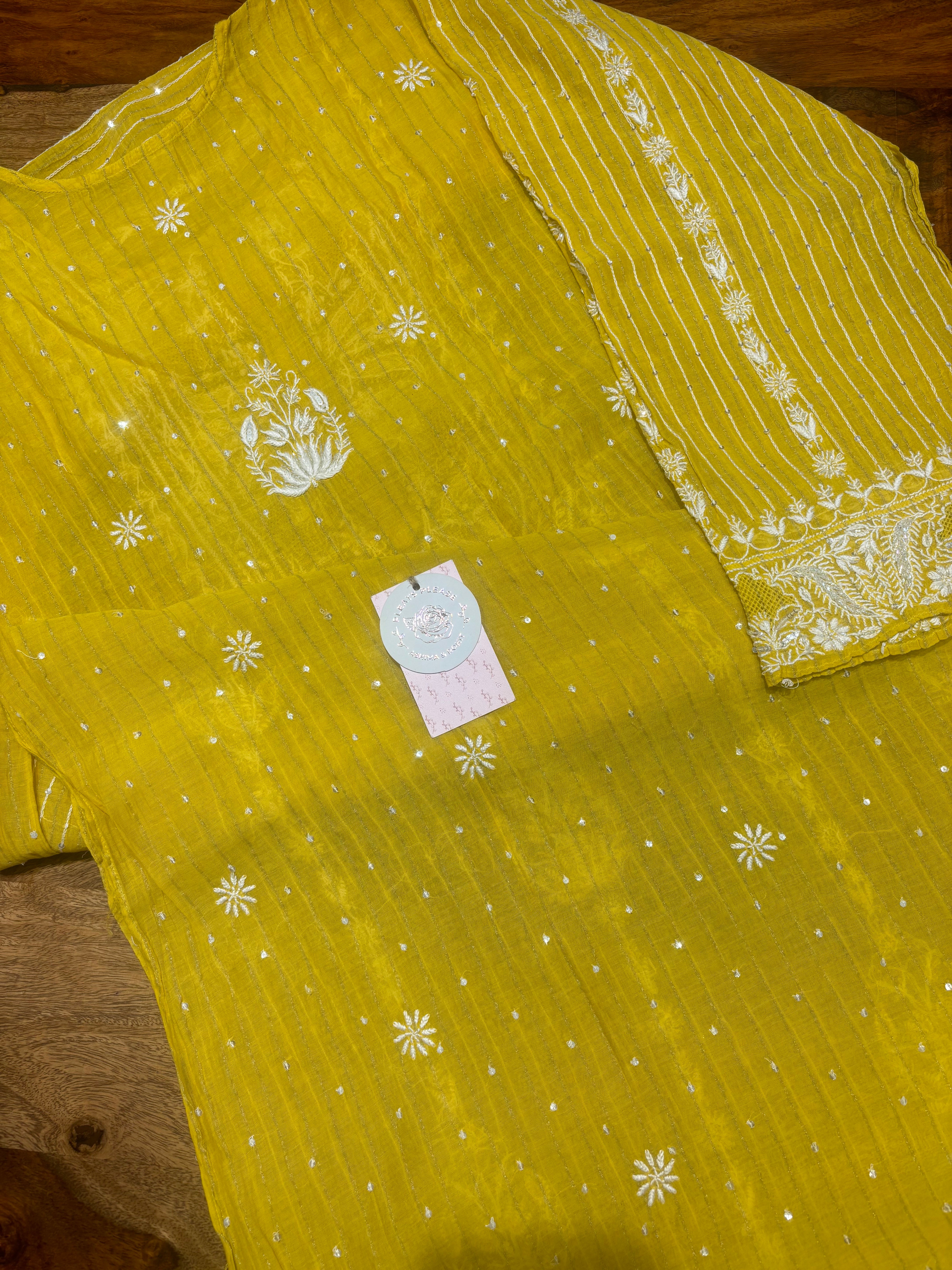 Mustard Chanderi Mul Chikankari Kurta & Dupatta Set