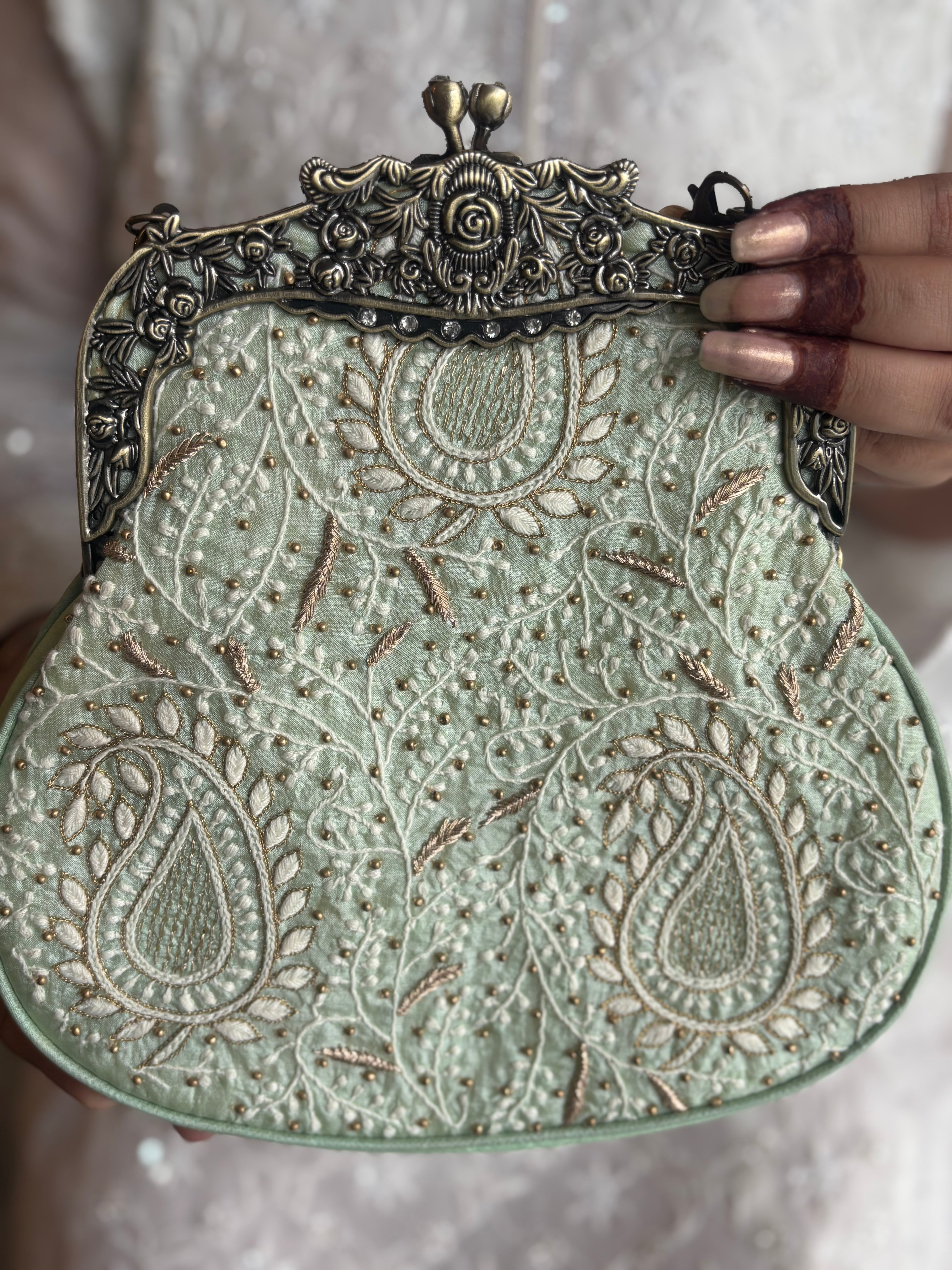 Mint Green Silk Chikankari Clutch
