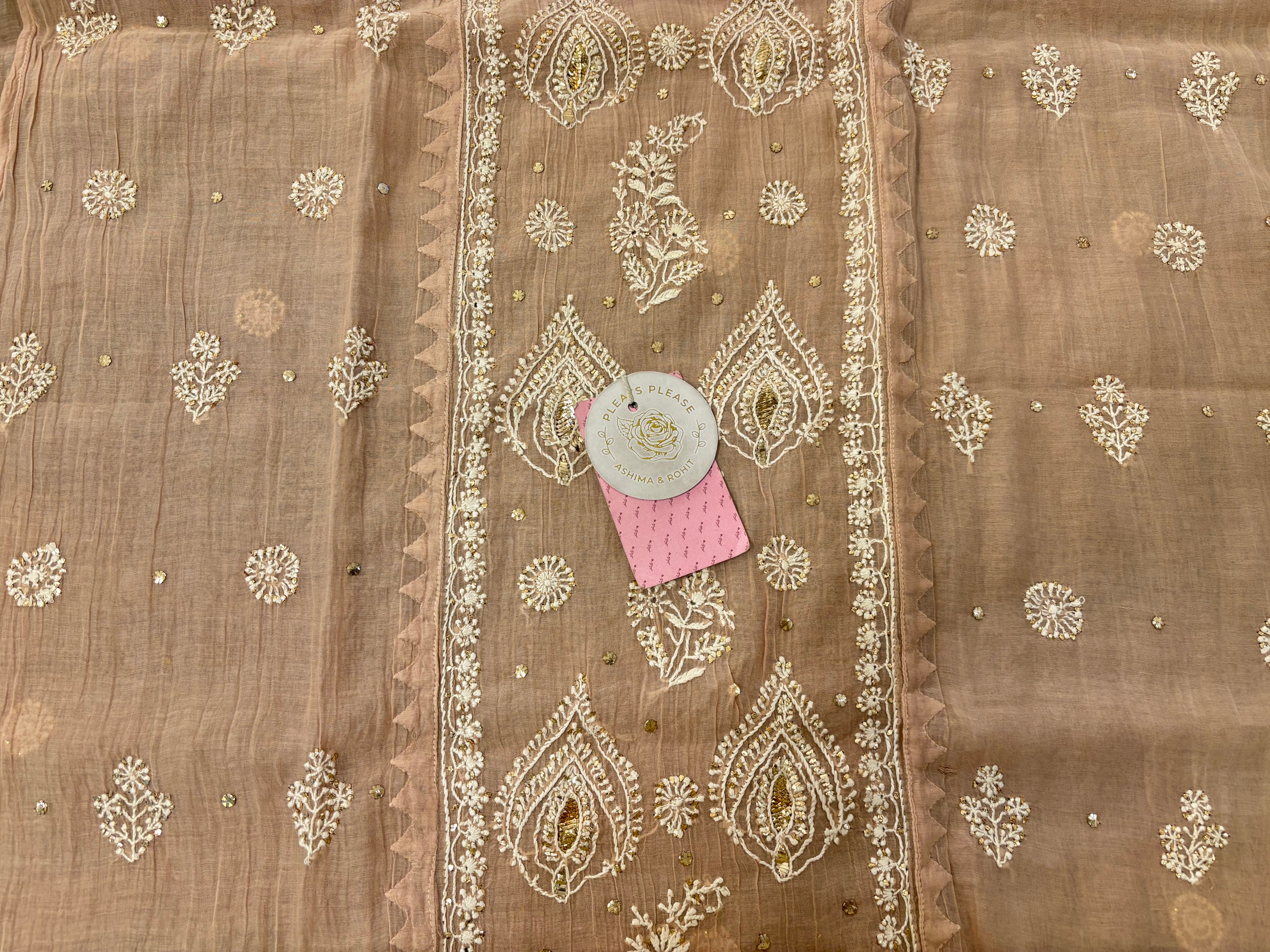 Rosewood Taupe Chanderi Mukaish Chikankari Kurta & Dupatta - Pleats PleaseChikankari