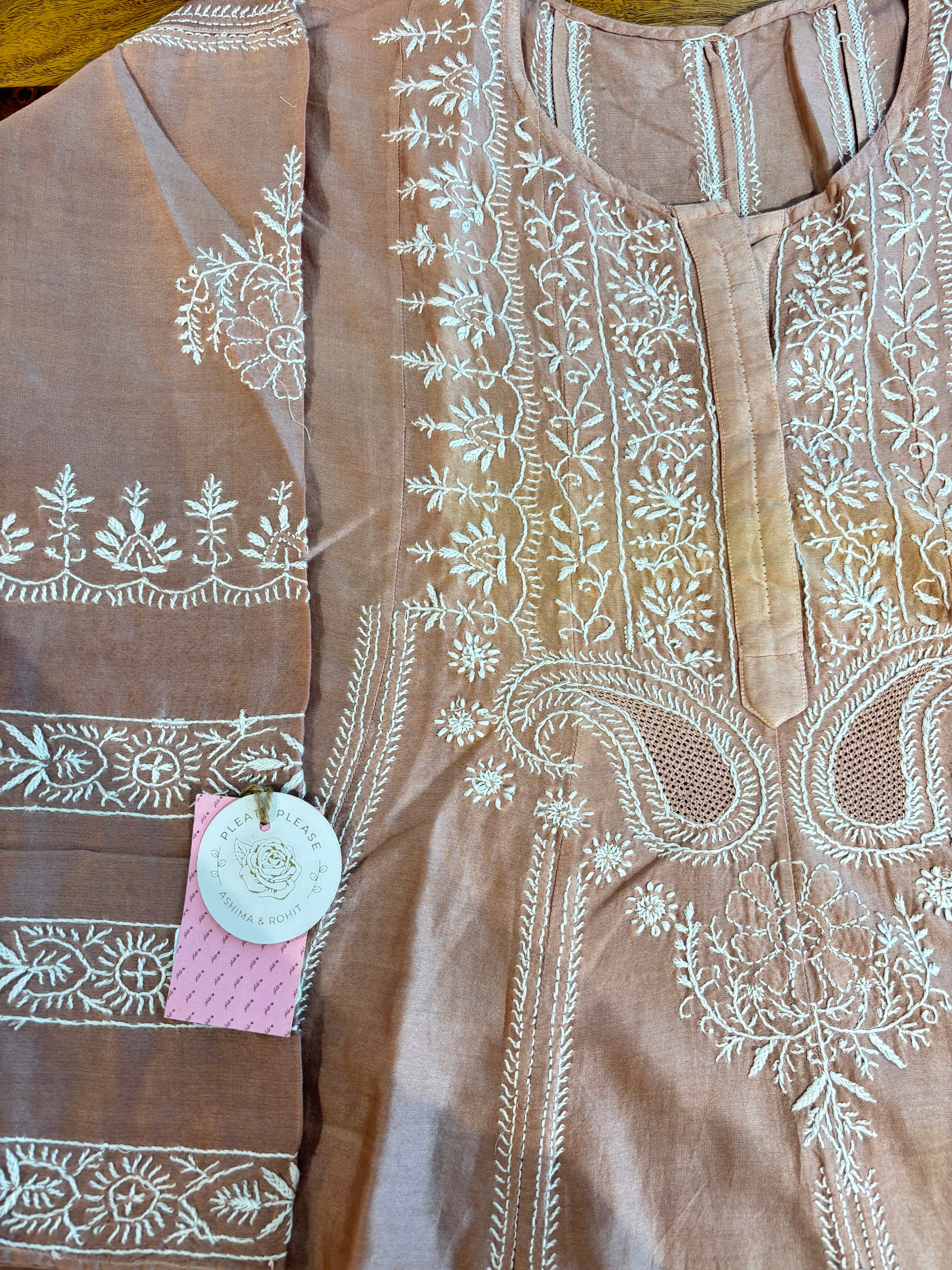 Dusty Peach Chanderi Chikankari Anarkali & Dupatta Set