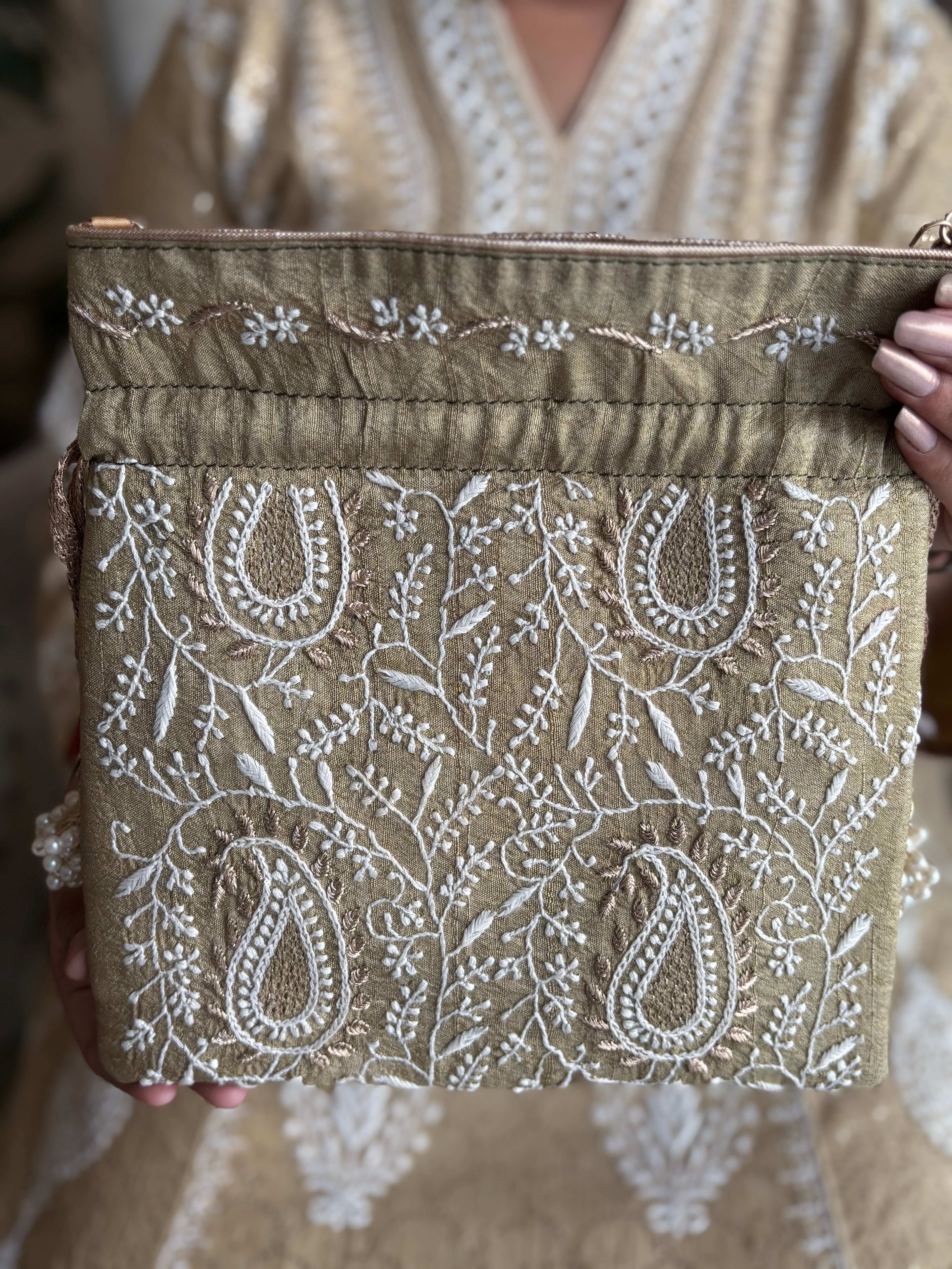 Olive Silk Chikankari Potli