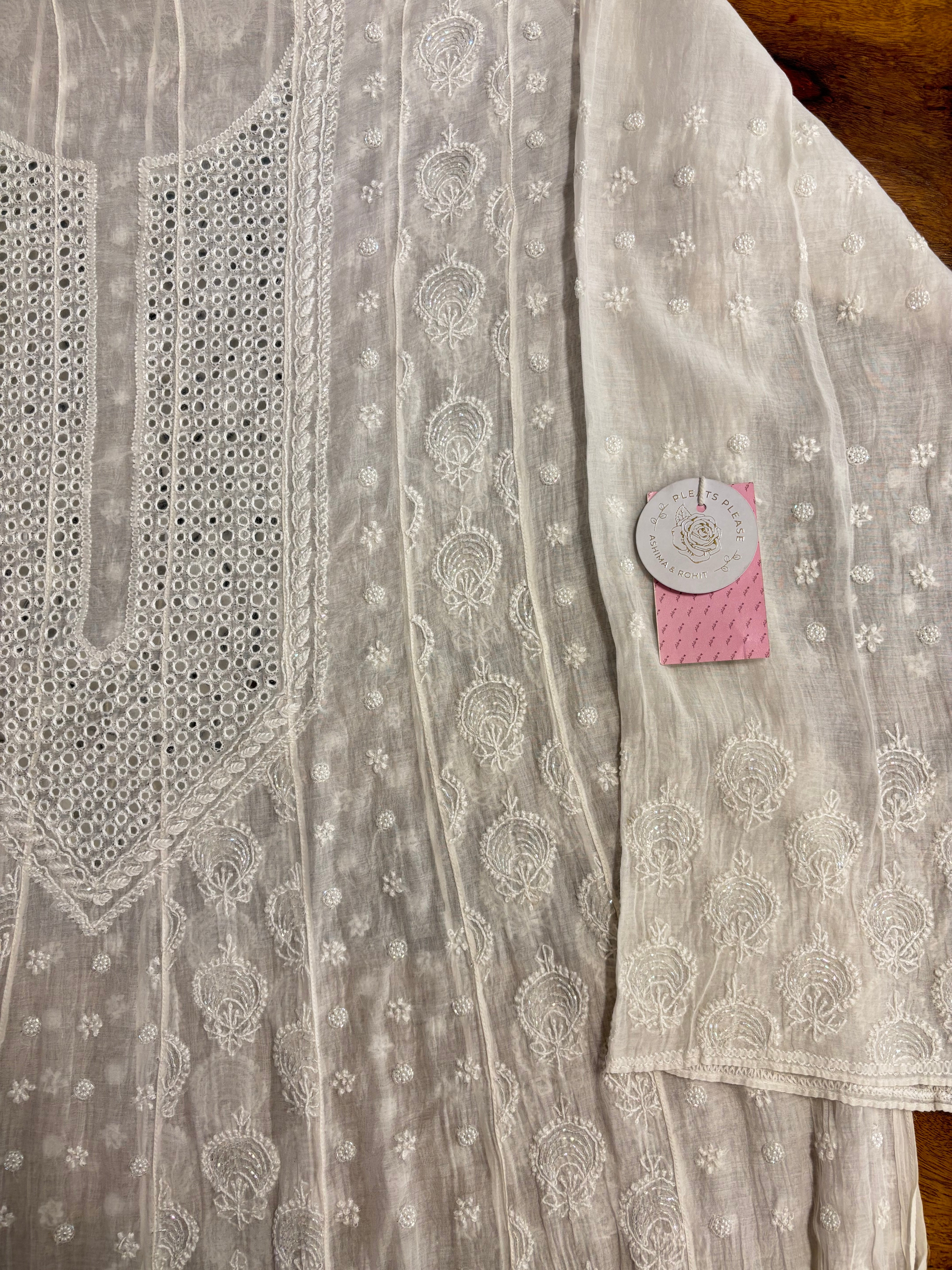 Dyeable Chanderi Mirror Chikankari Anarkali & Dupatta Set - Pleats PleaseChikankari