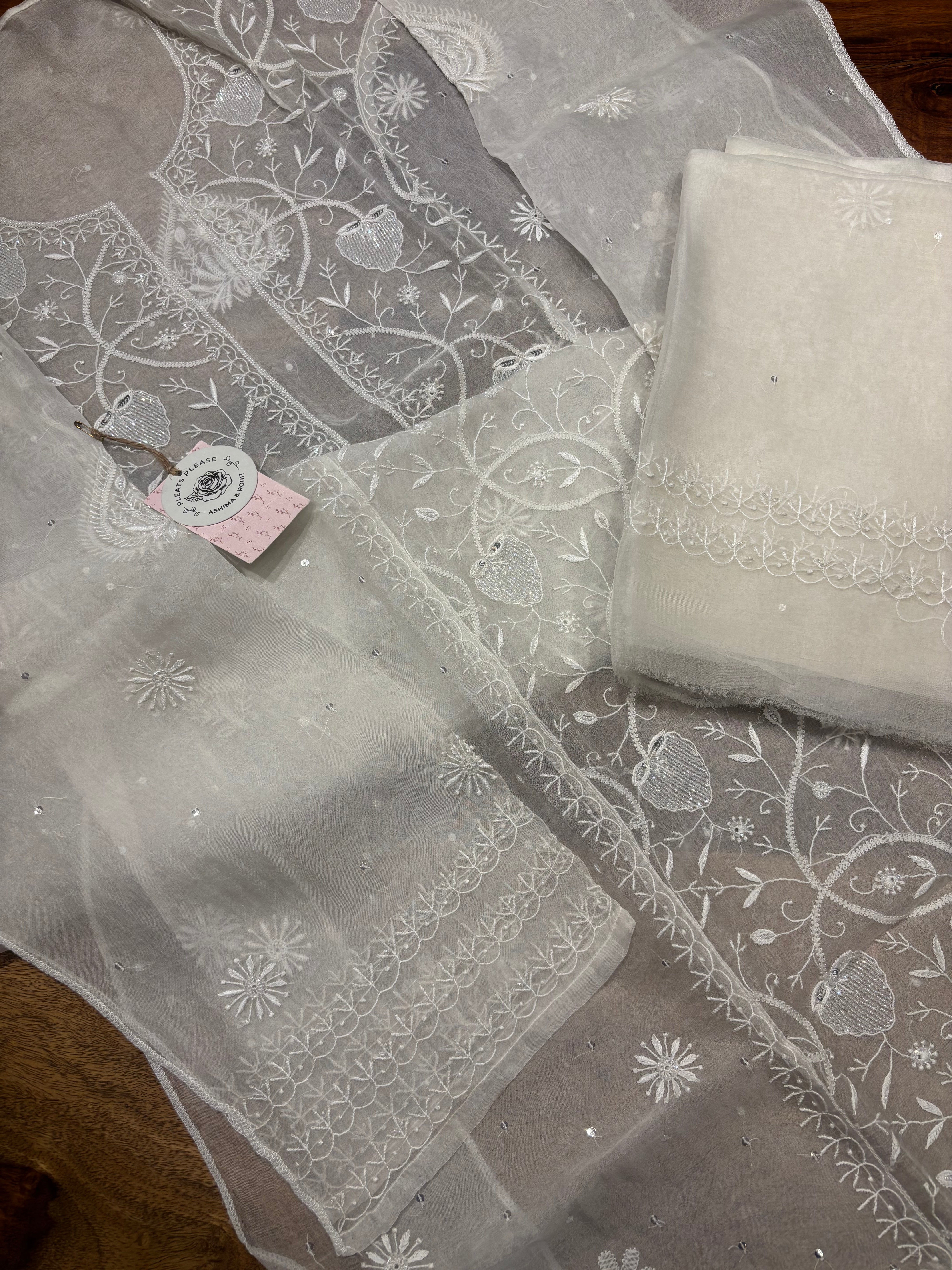 Dyeable Pure Organza Chikankari Kurta And Dupatta Set