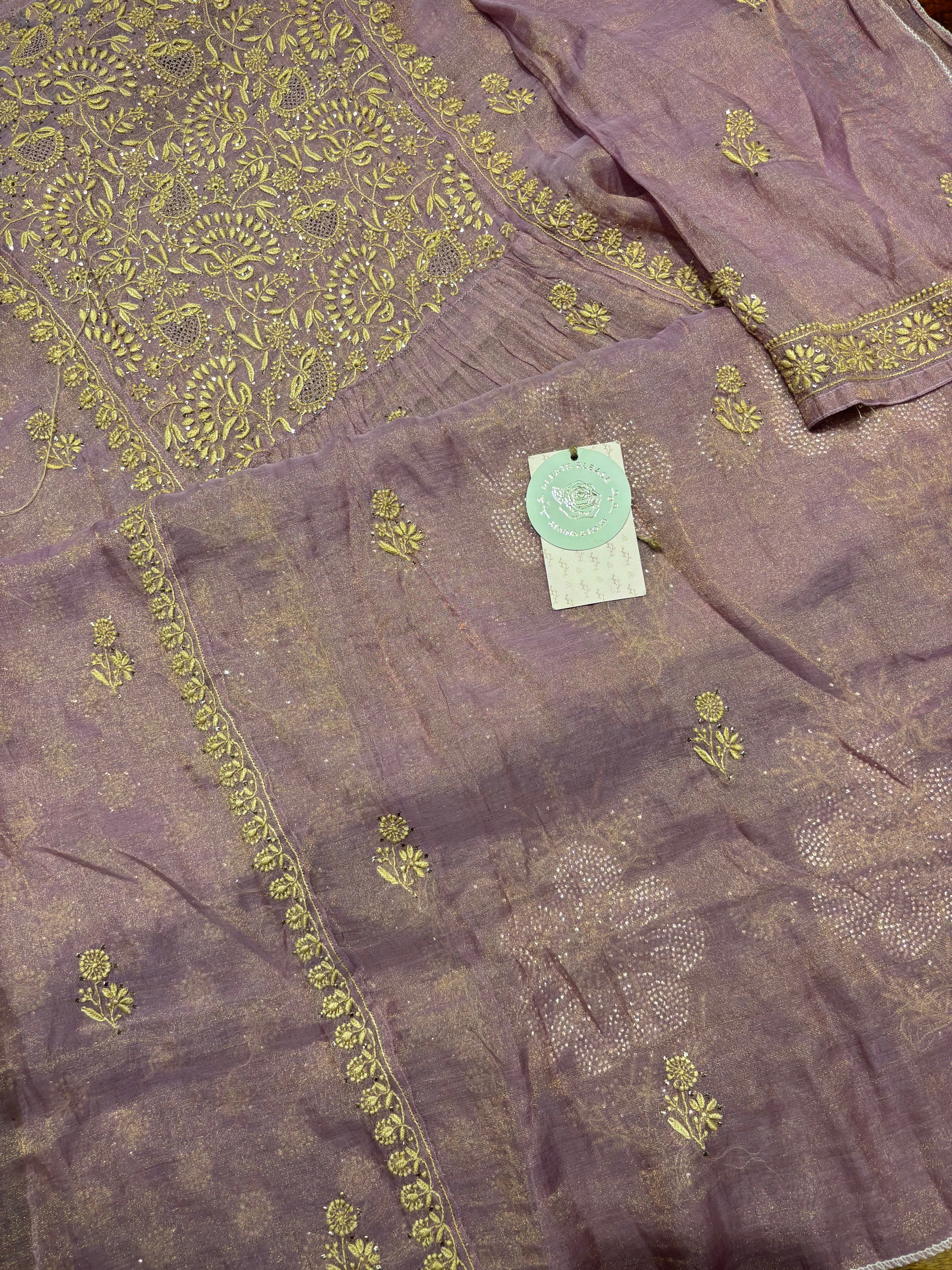 Lilac pure and premium Tissue Chikankari Angrakha Kurta and Dupatta Set