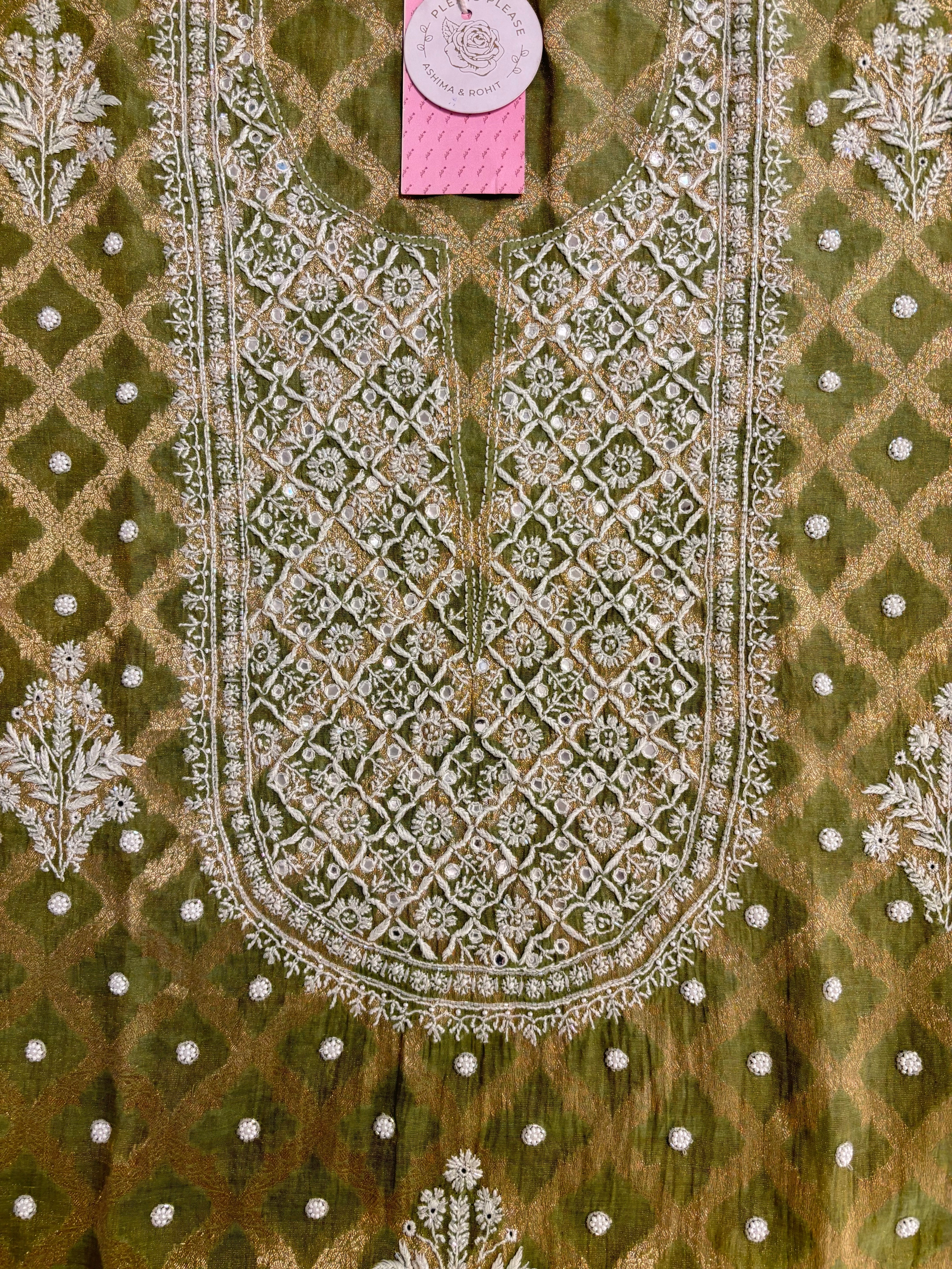 Olive Green Pure Tissue Banarasi Silk Chikankari Kurta & Dupatta