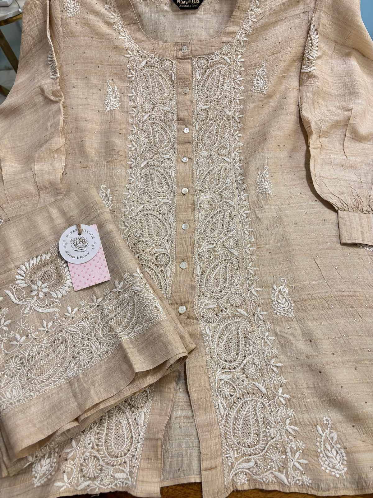 Natural Tussar Silk Chikankari Mukaish Co-Ord Set