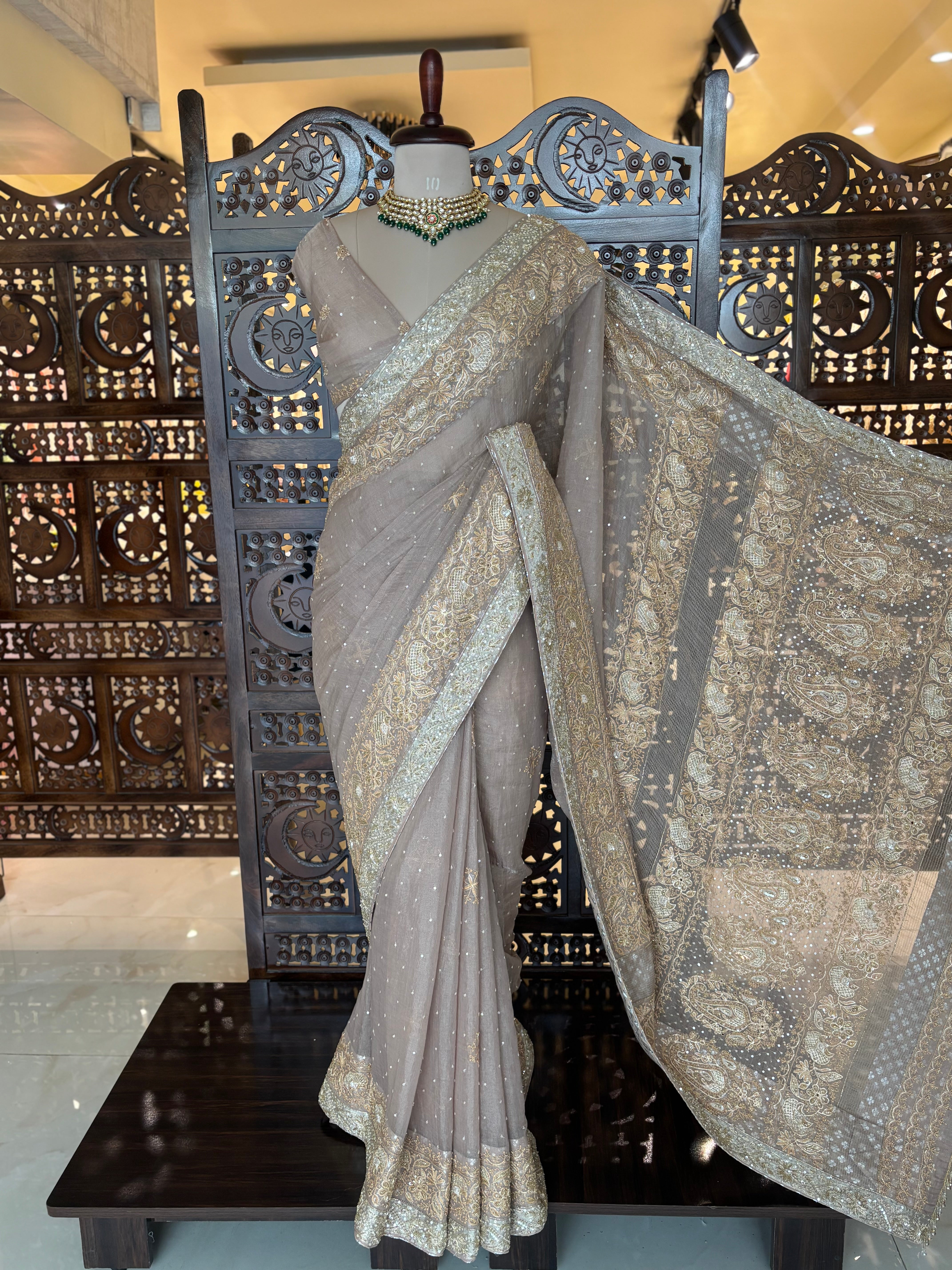Antique Rose Gold Pure & Premium Tissue Chikankari Saree