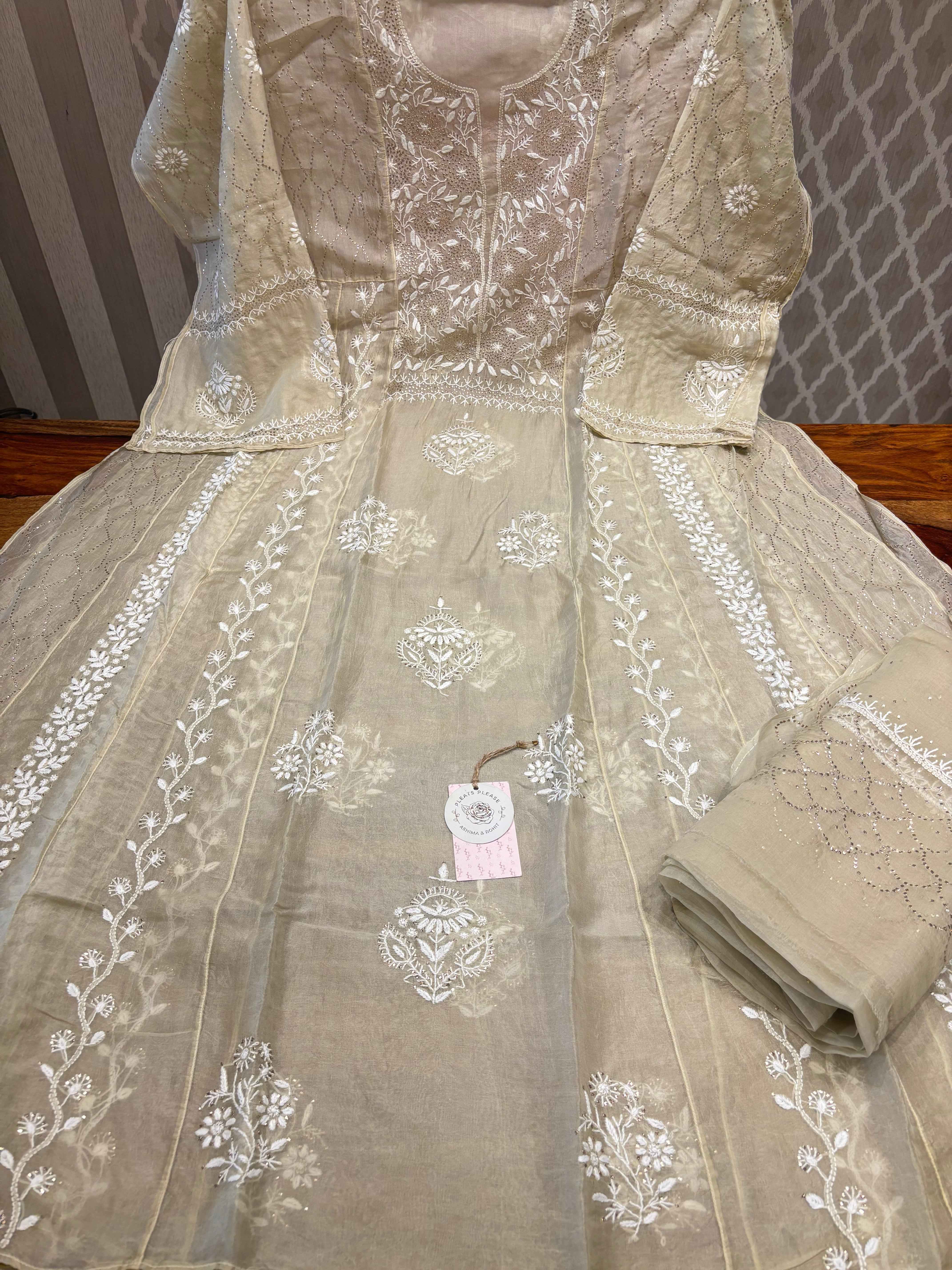 Golden Organza chikankari Anarkali and dupatta - Pleats PleaseChikankari