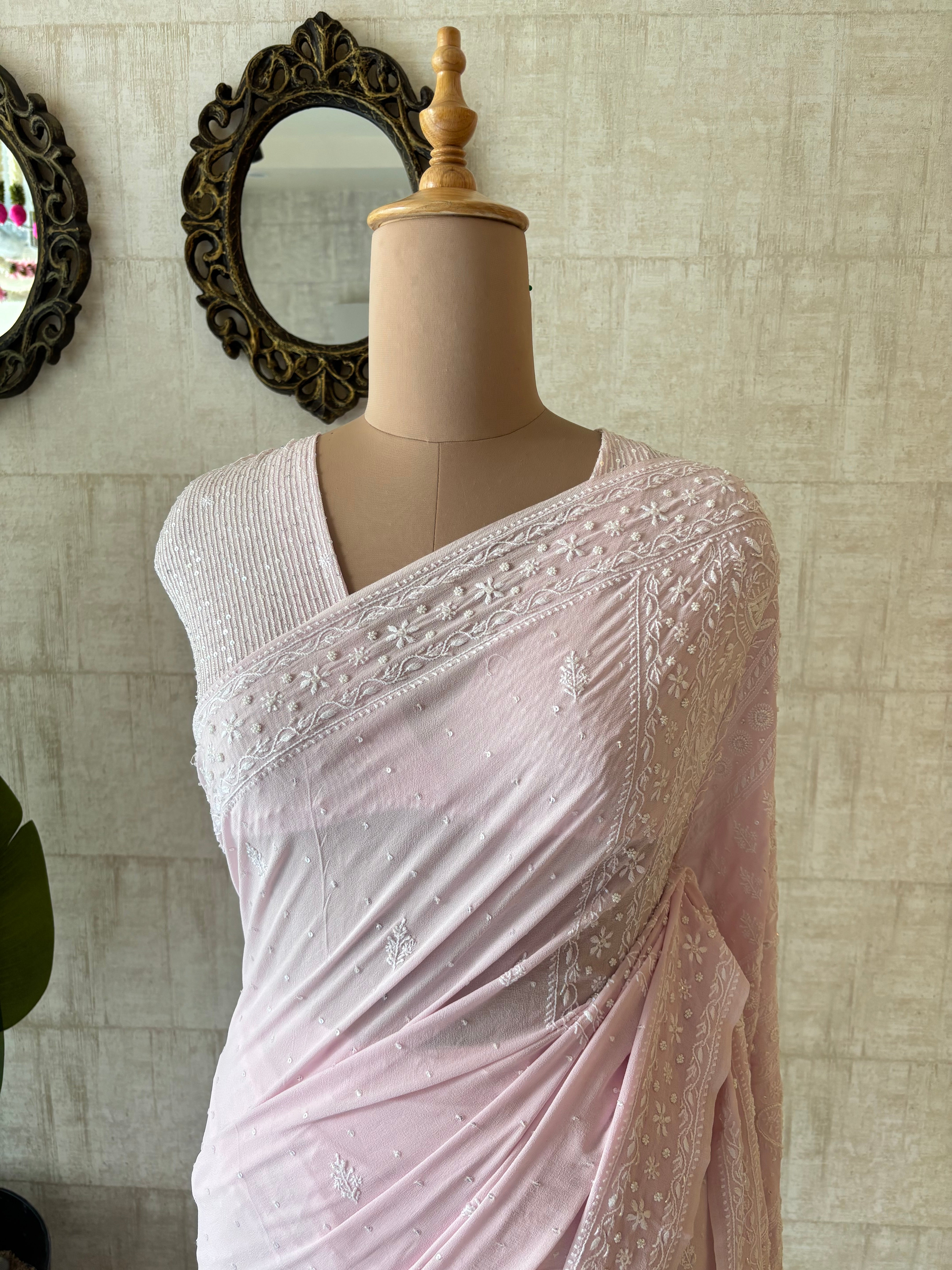 Pink Pure & Premium Georgette Chikankari Saree & Blouse