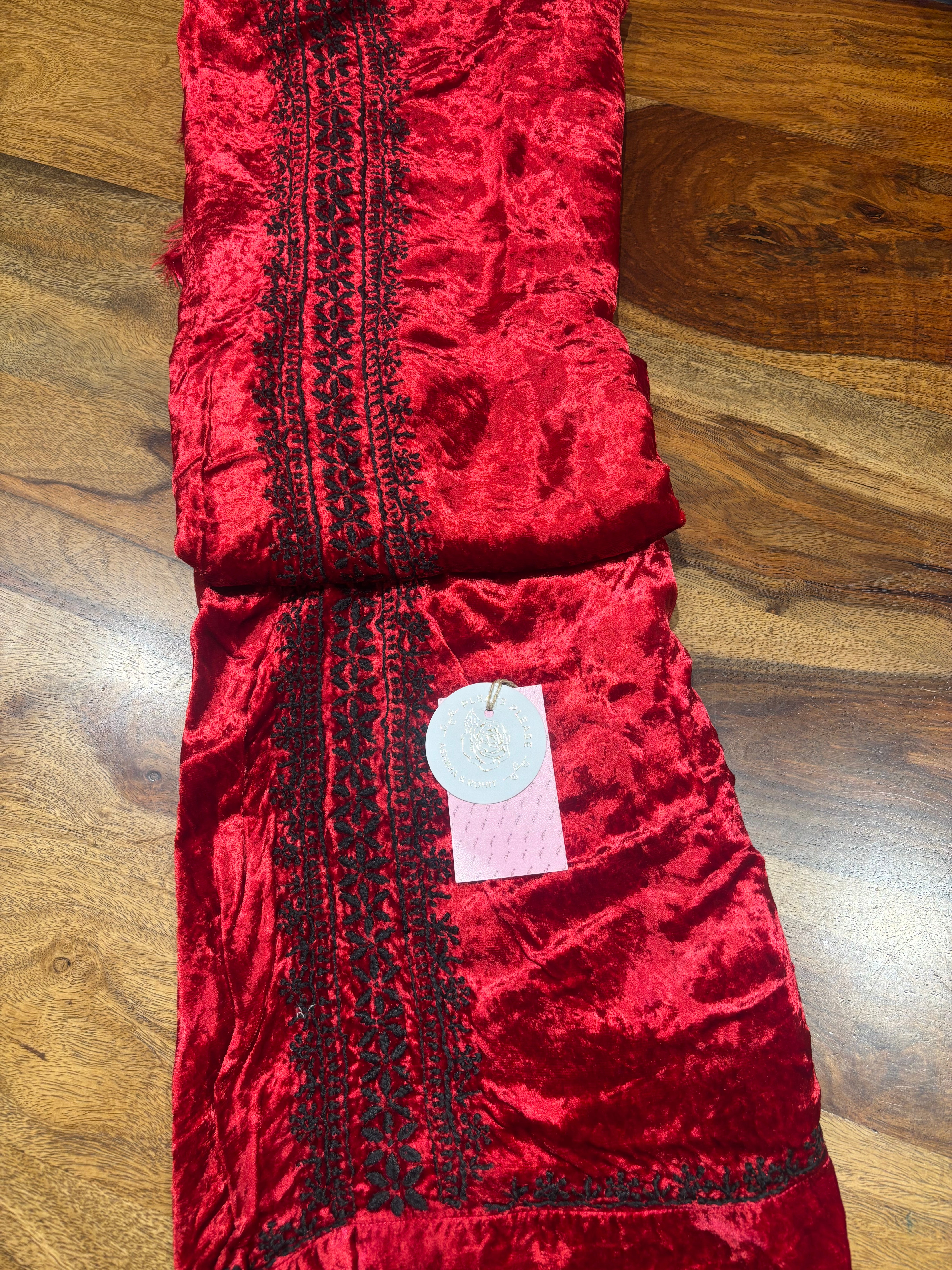 Red Pure & Premium Velvet Chikankari Co-ord Set