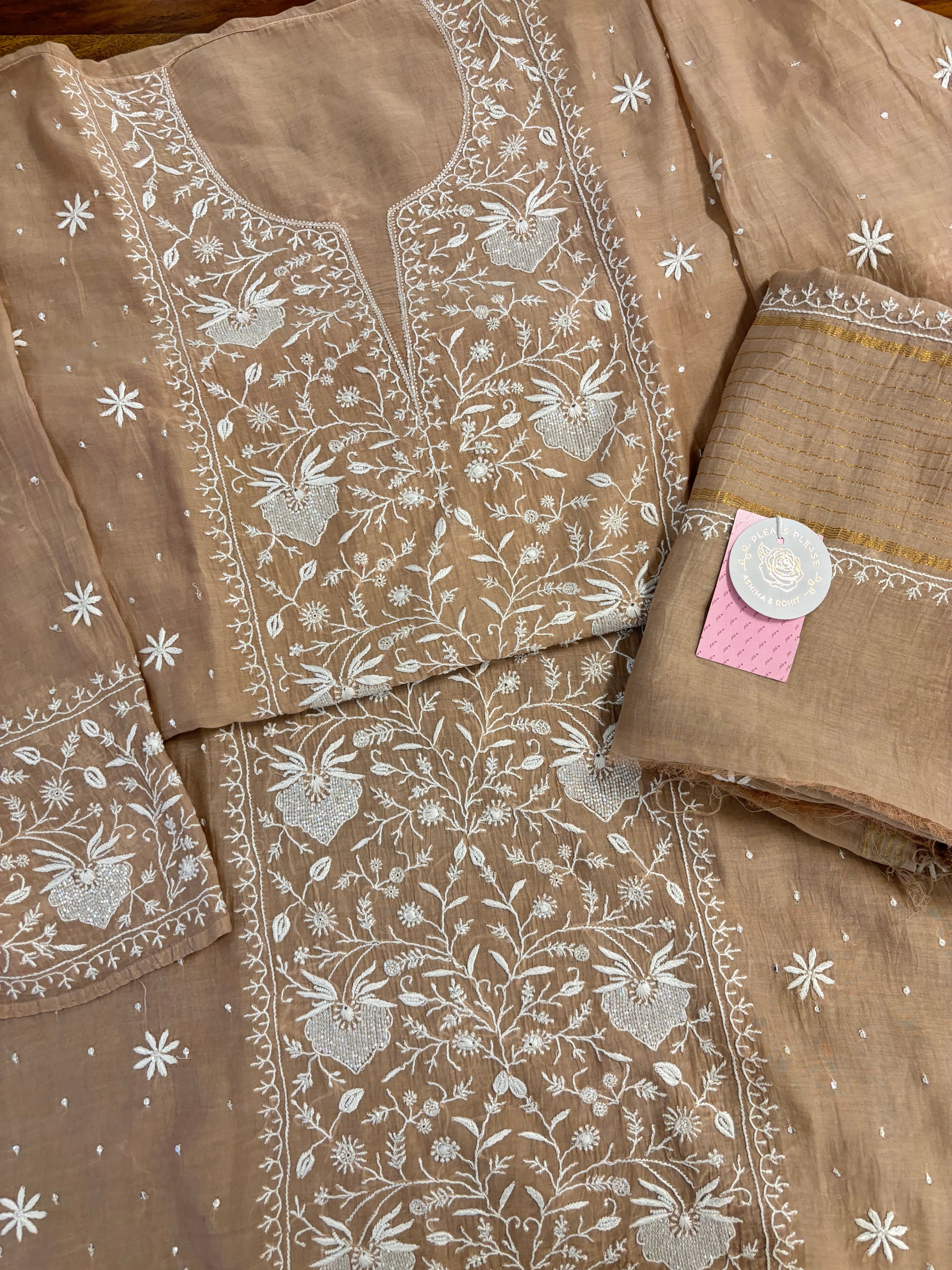 Nude Beige Chanderi Chikankari Kurta & Dupatta