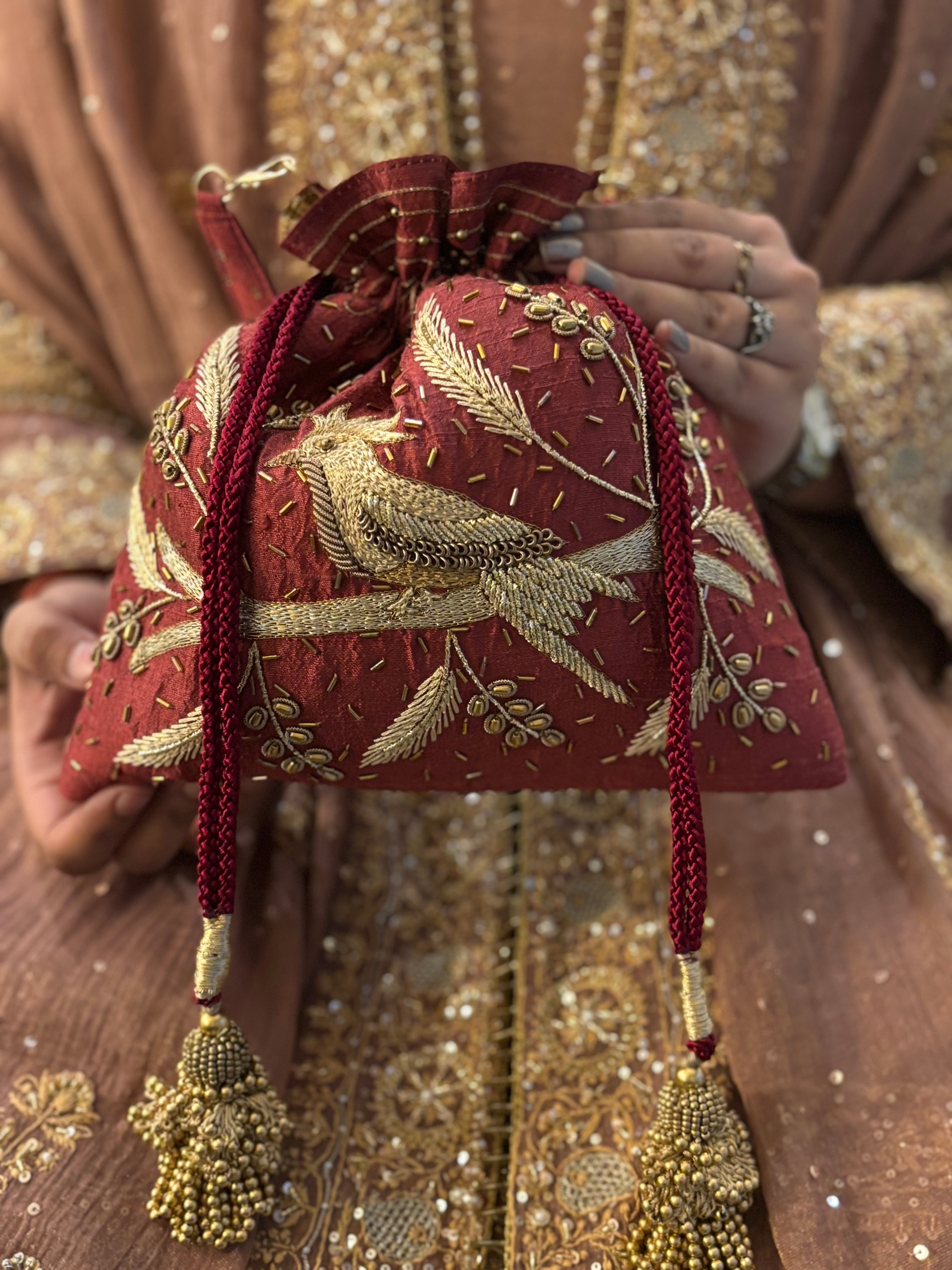 Beetroot Chikankari and Zardozi Potli