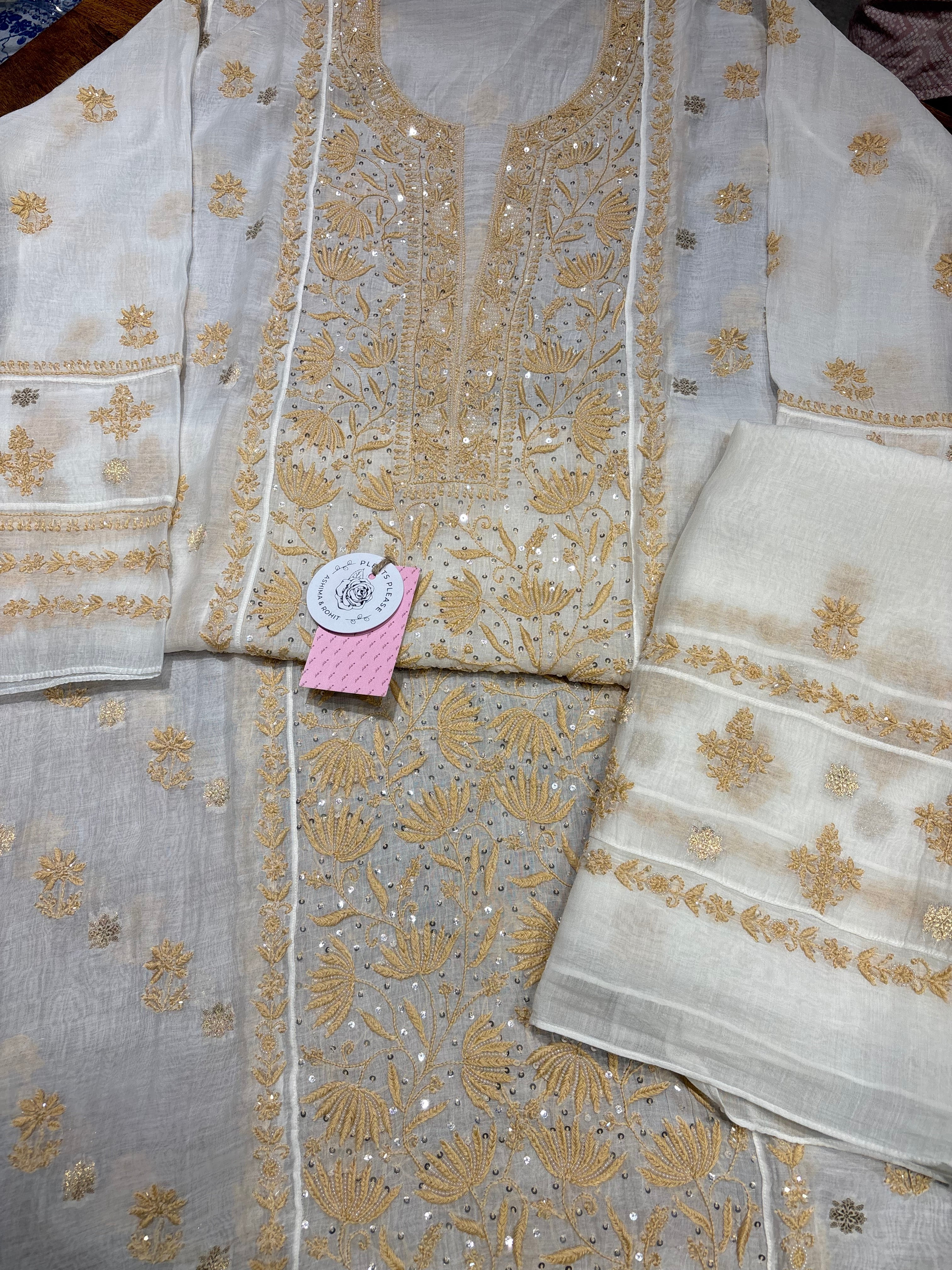 Dyeable Chanderi Mul Chikankari Kurta & Dupatta Set