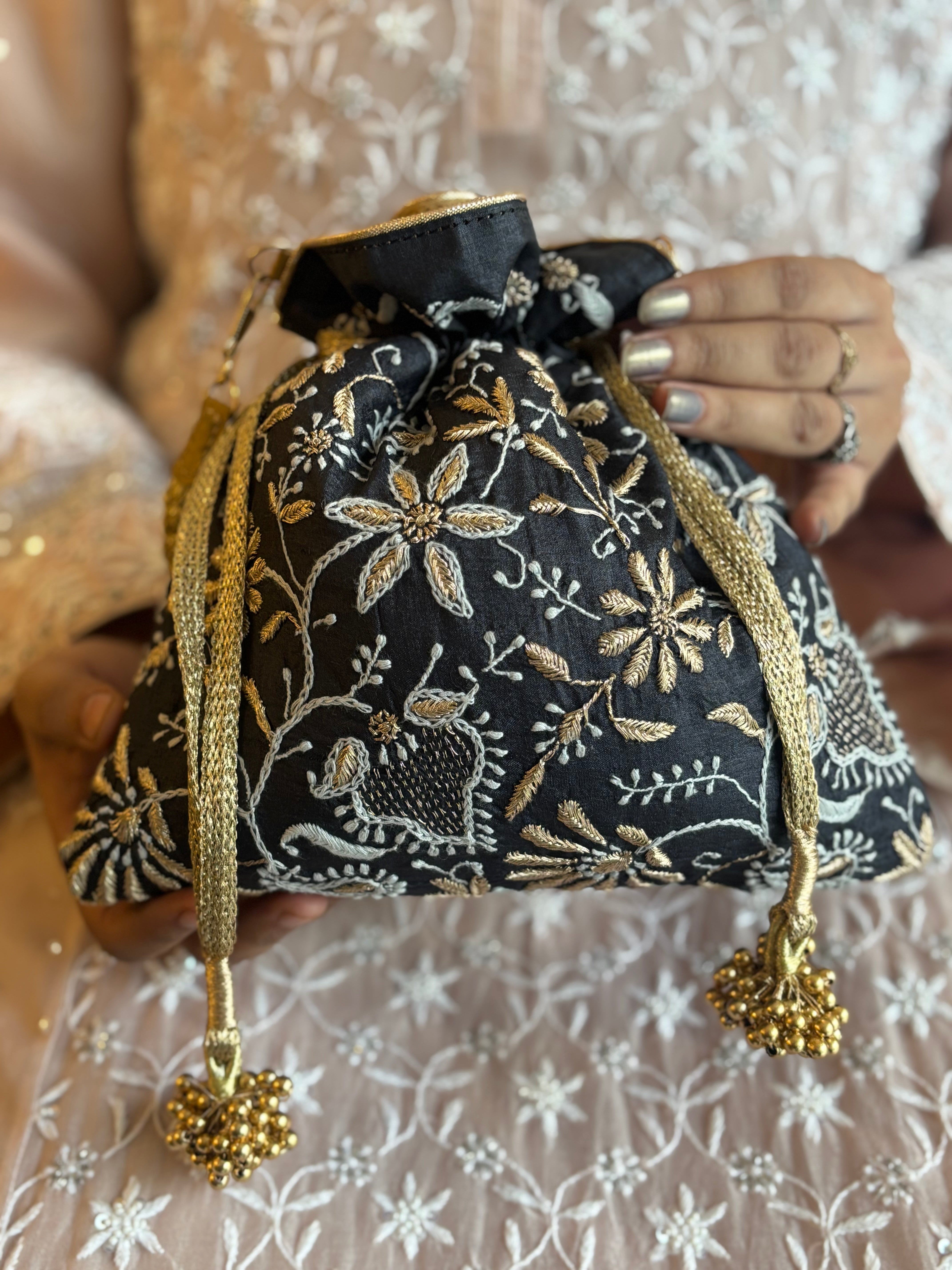 Black Chikankari Potli