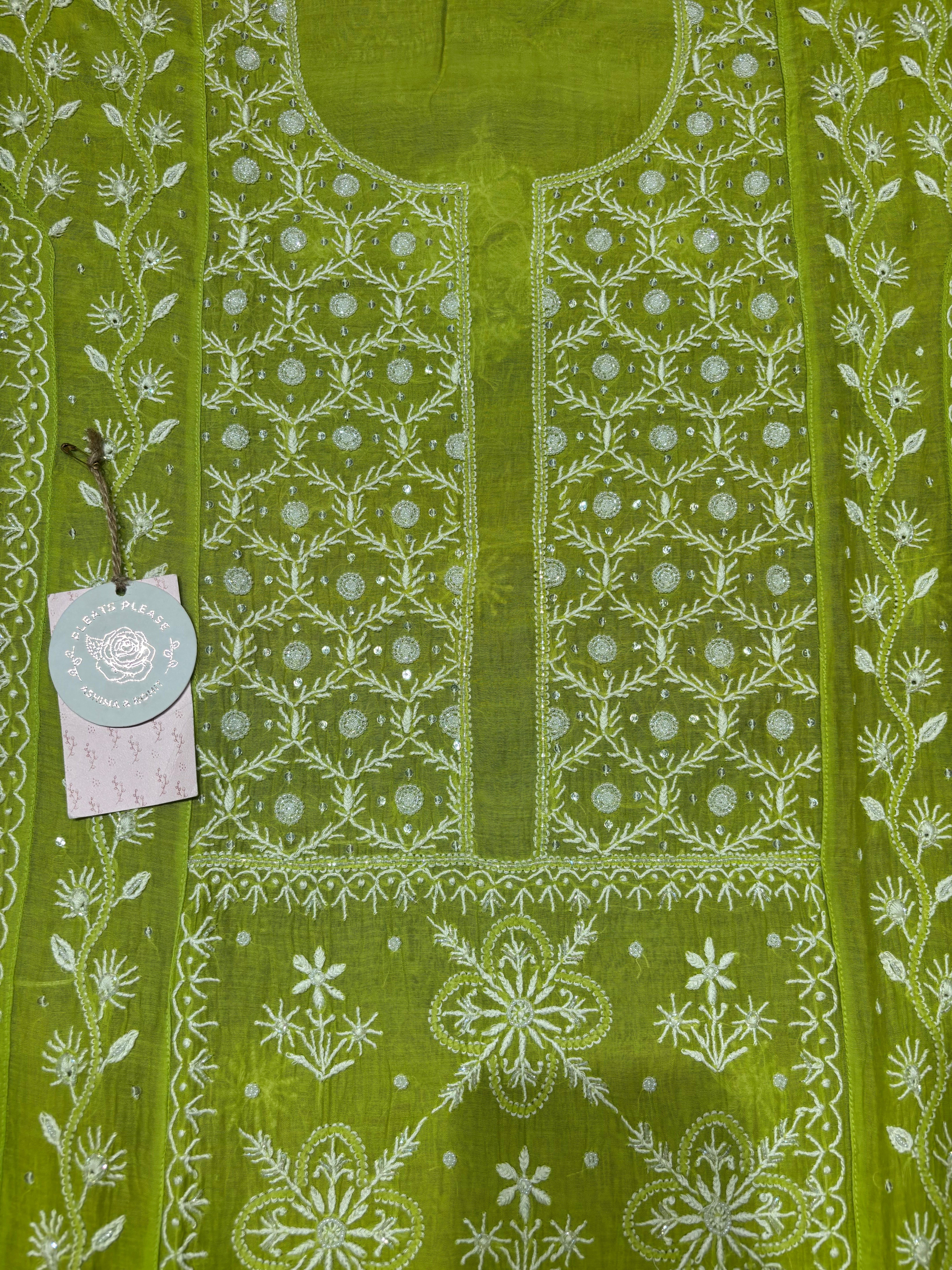 Green Chanderi Mul Chikankari Kalidar Kurta and Dupatta set