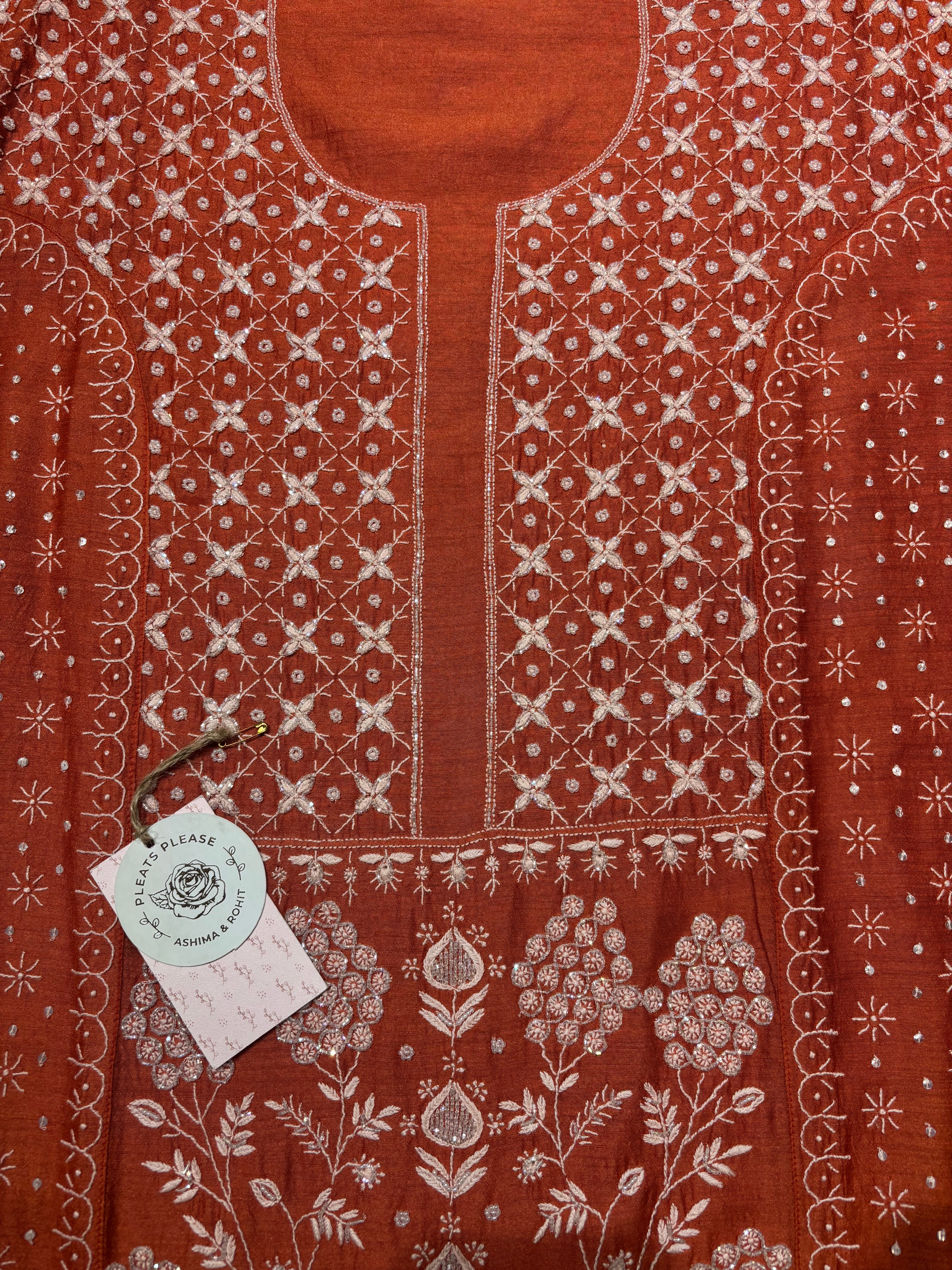 Outrageous Orange Monga silk Chikankari Kurta and Dupatta set