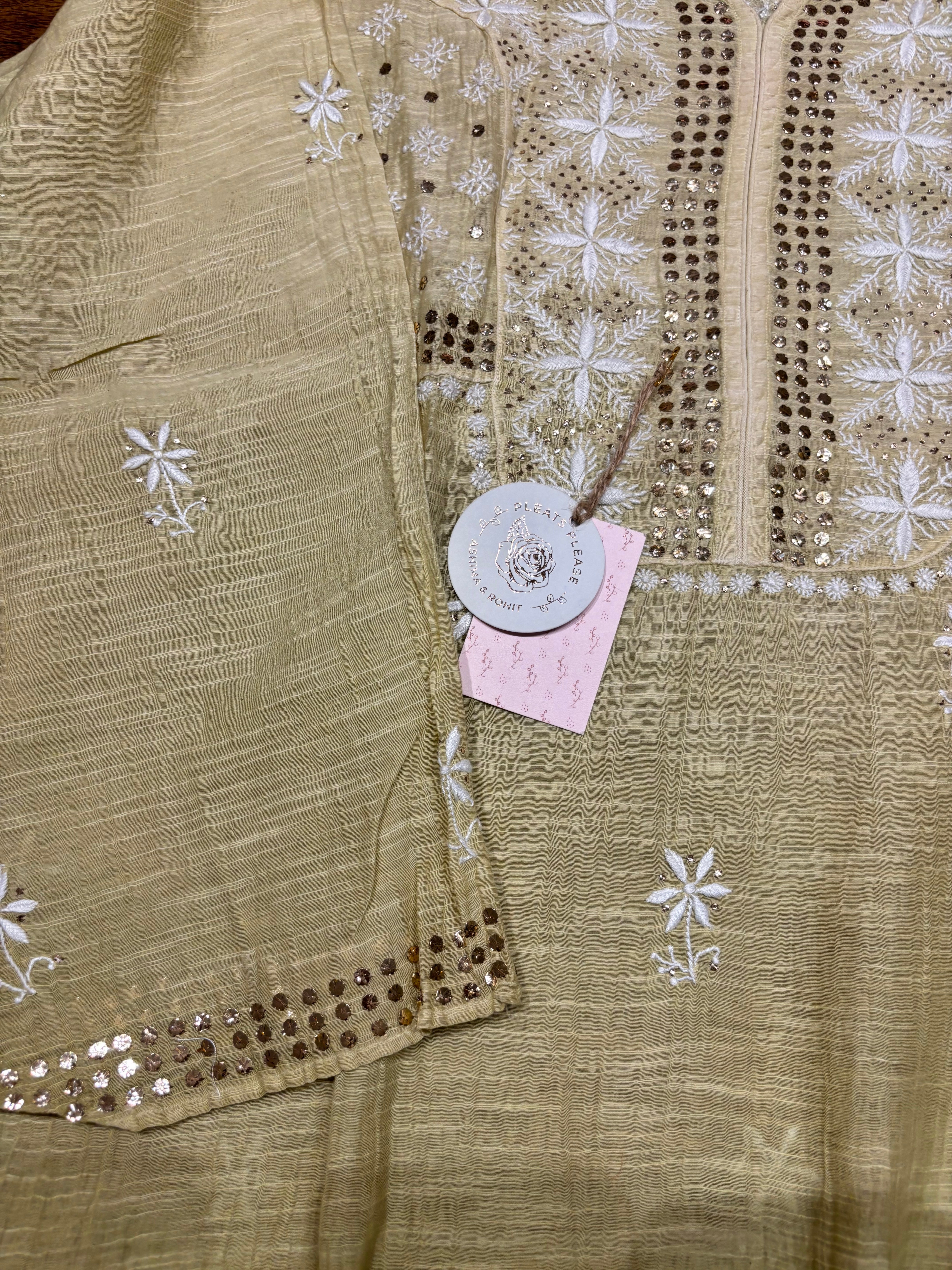 Green Ombre Linen Chikankari Mukaish Kurta