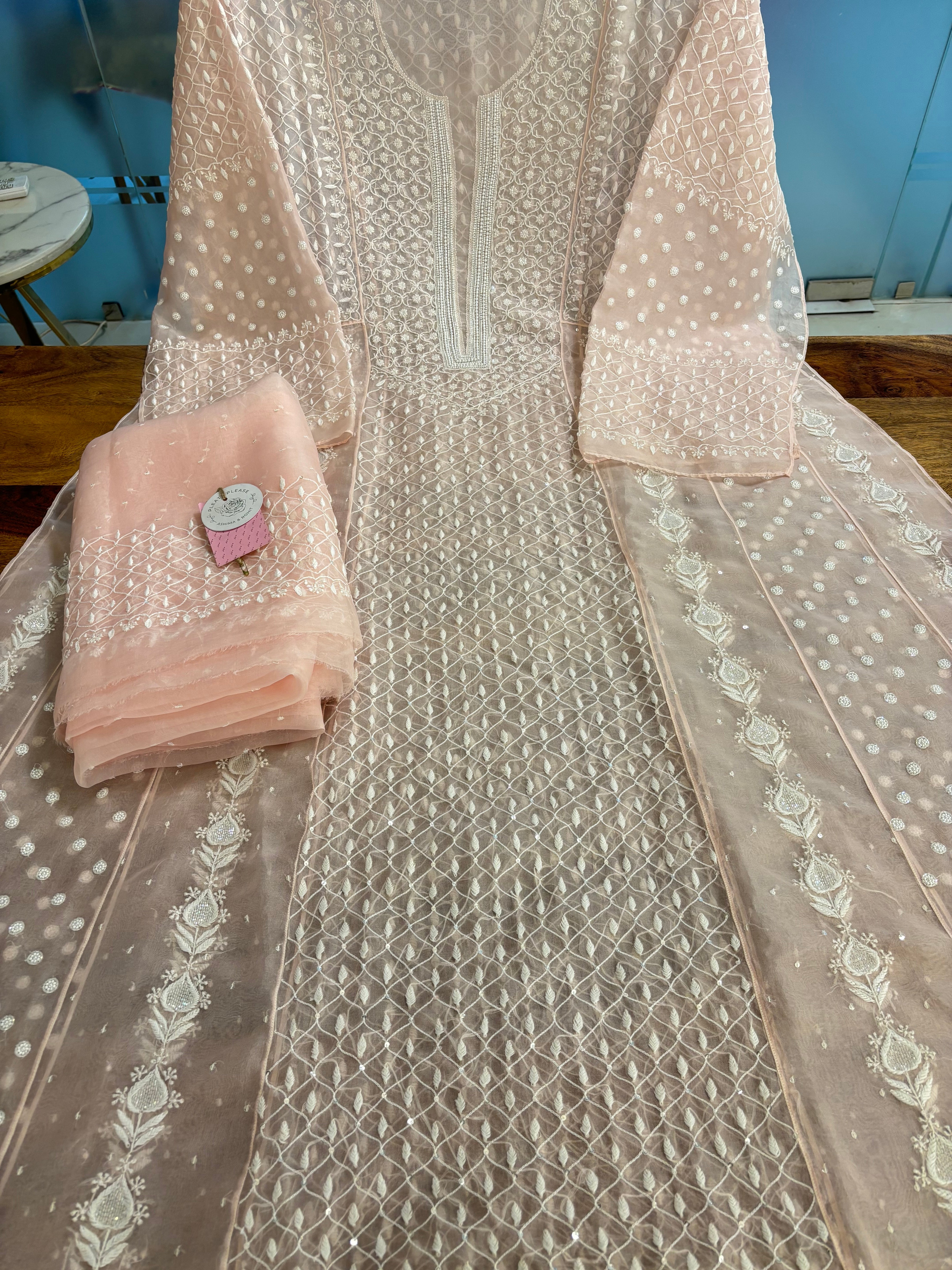 Baby Pink Organza Silk Chikankari Anarkali & Dupatta