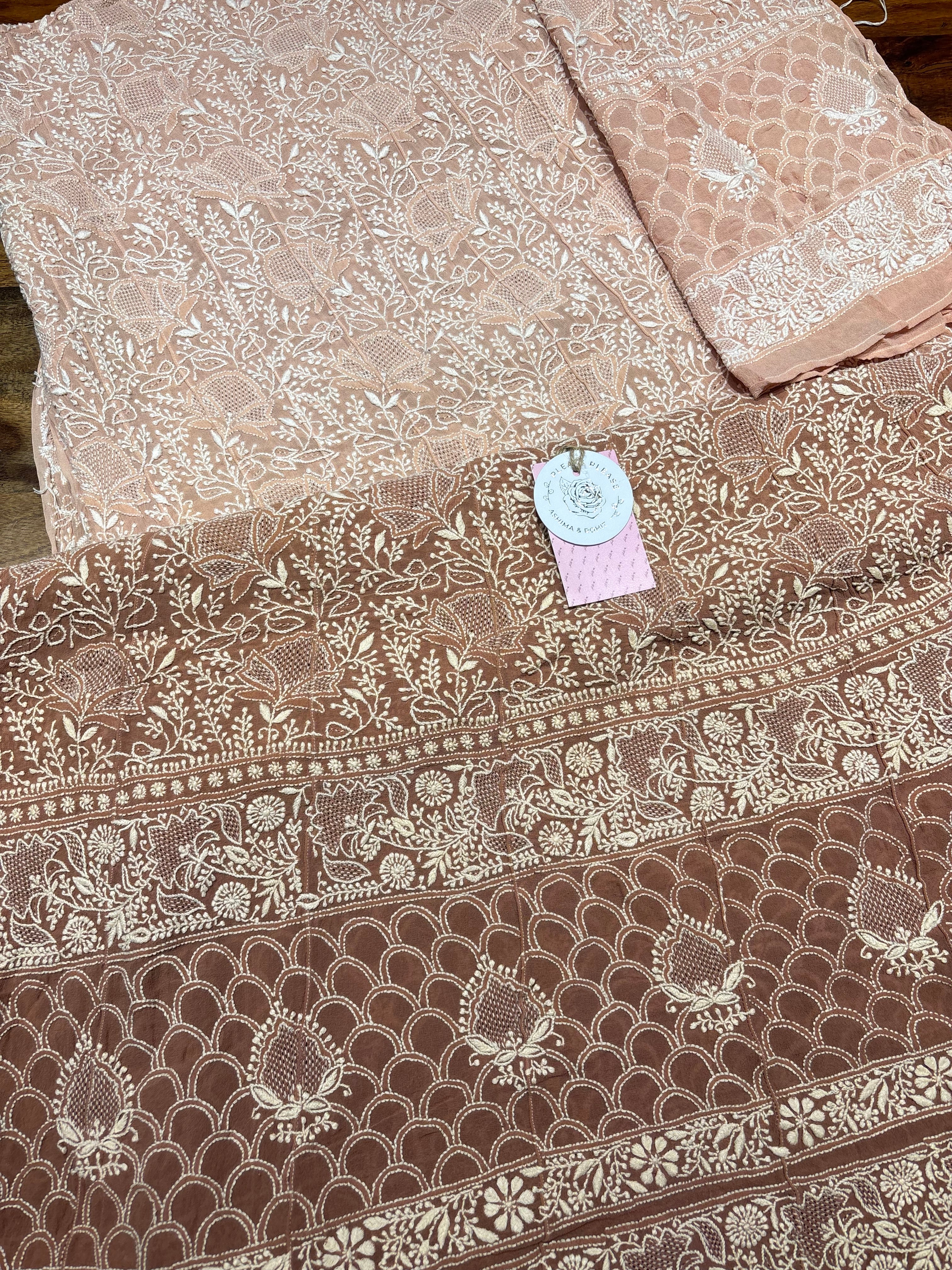 Brown Ombre Pure & Premium Georgette Chikankari Anarkali & Dupatta Set
