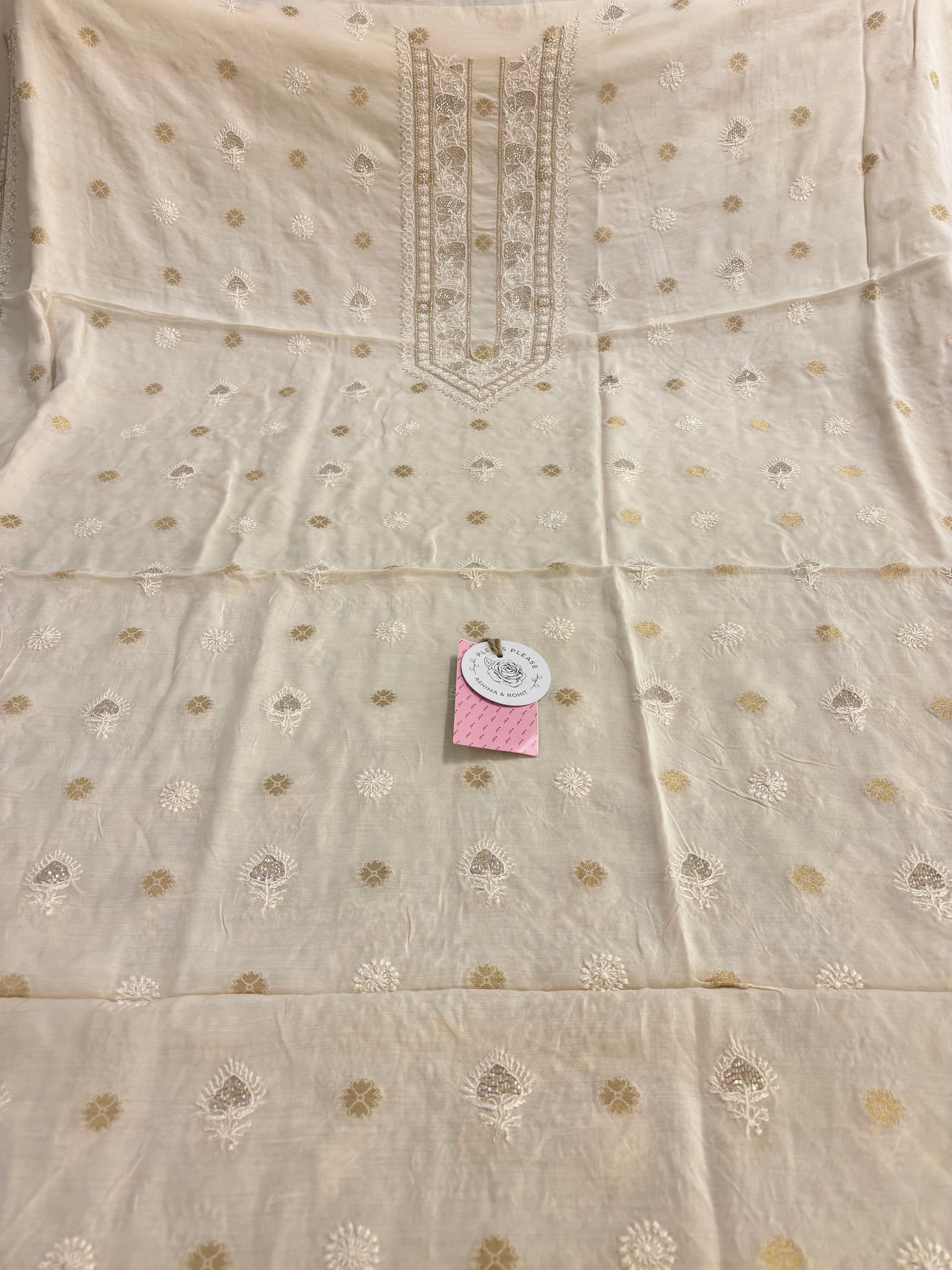 Cream Chanderi Chikankari Banarasi Boota Men’s Kurta