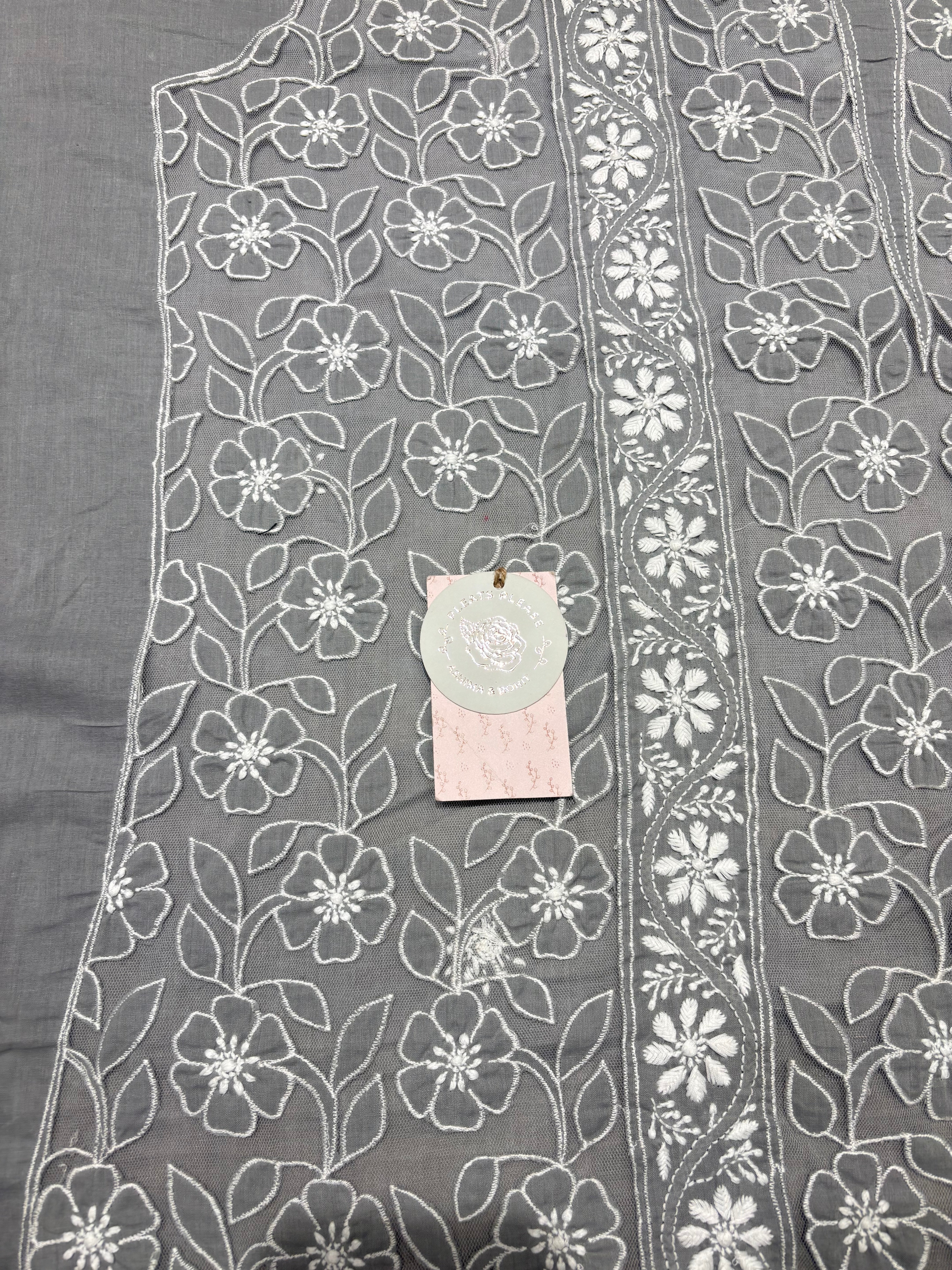 Gray Mulmul Soft Net Chikankari Applique Kurta And Dupatta Fabric