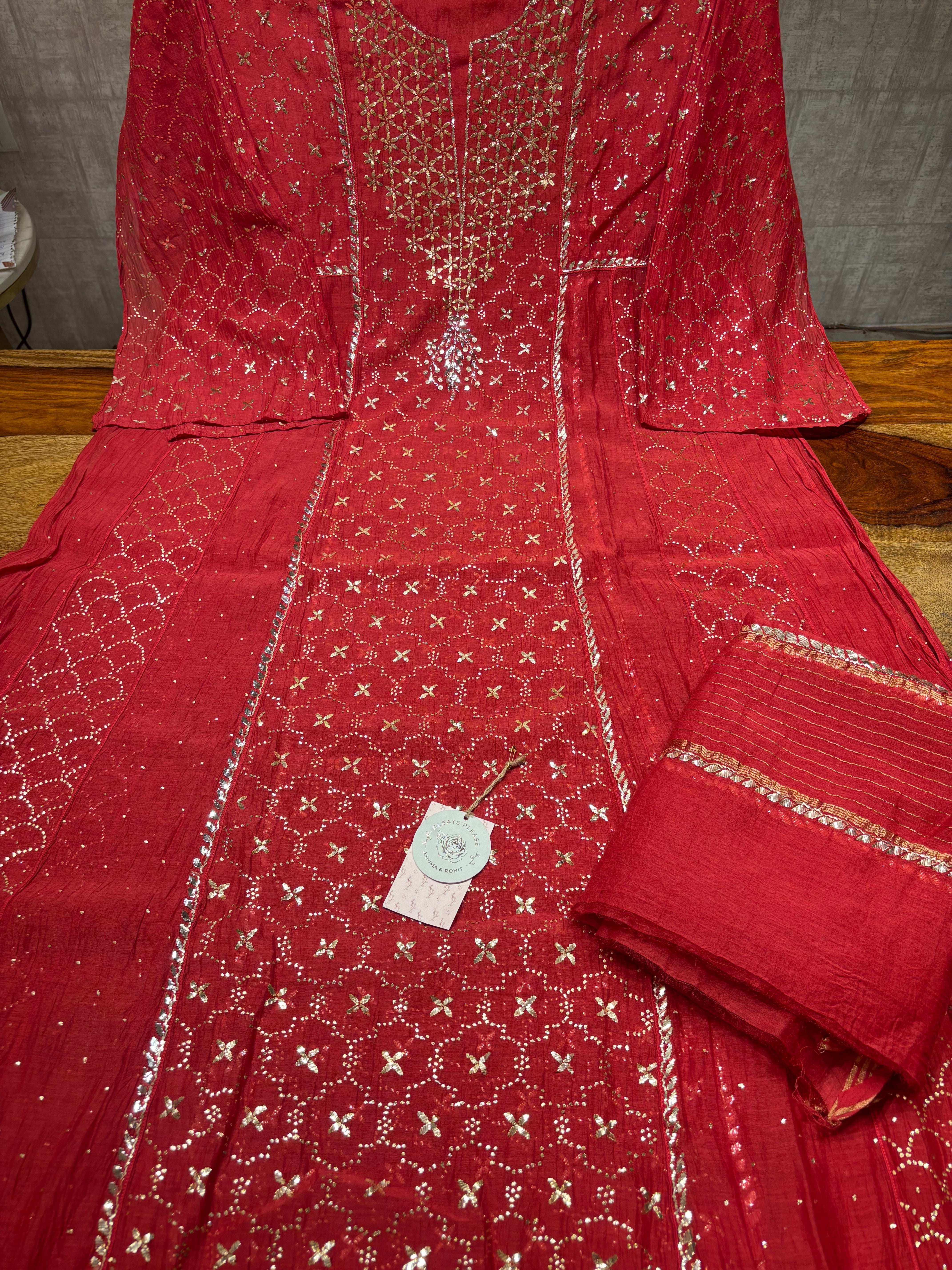 Red Chanderi Mul Mukaish Anarkali and Dupatta set