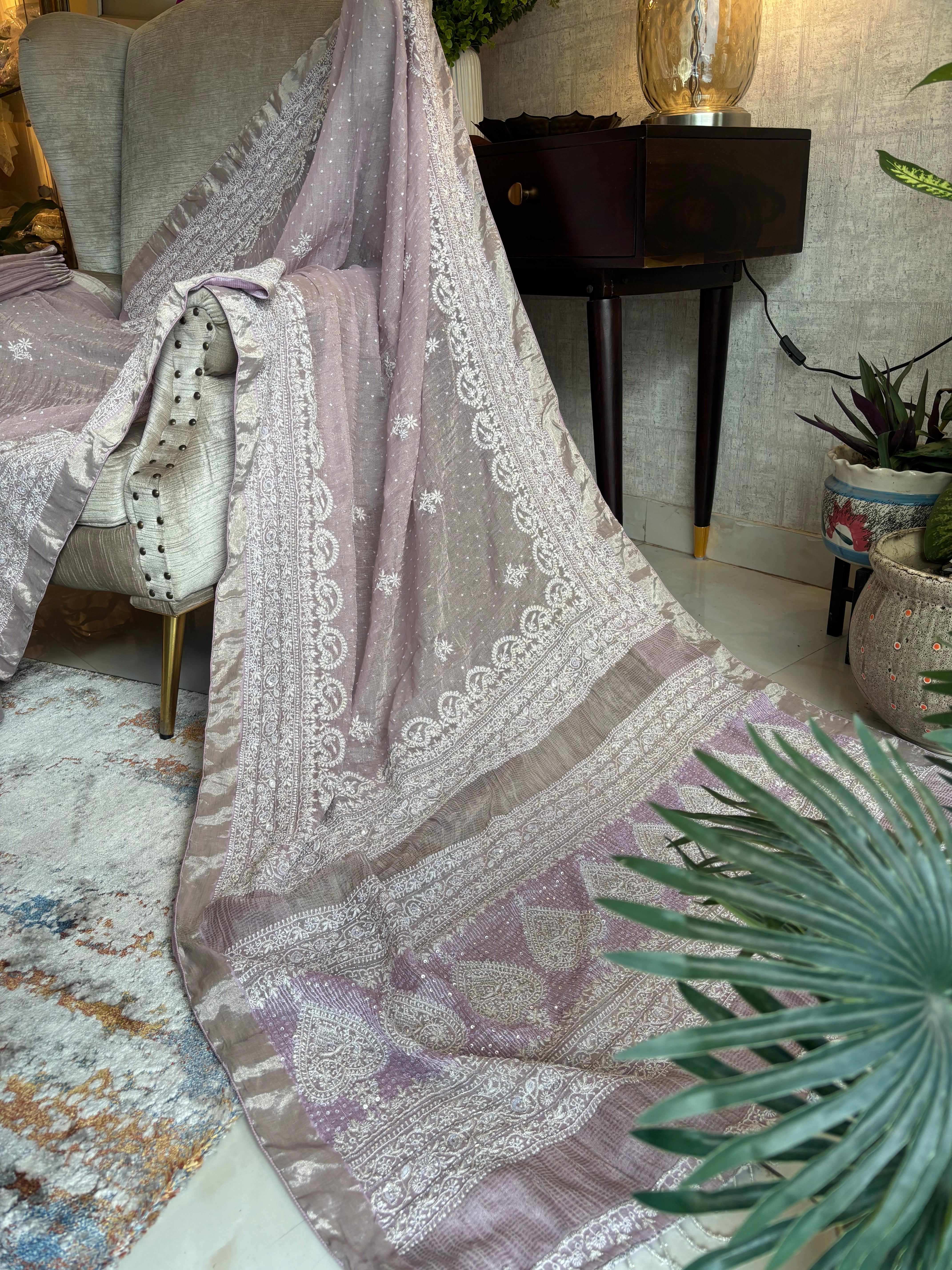 Lavender Pure and Premium Tissue Chikankari Saree and Blouse