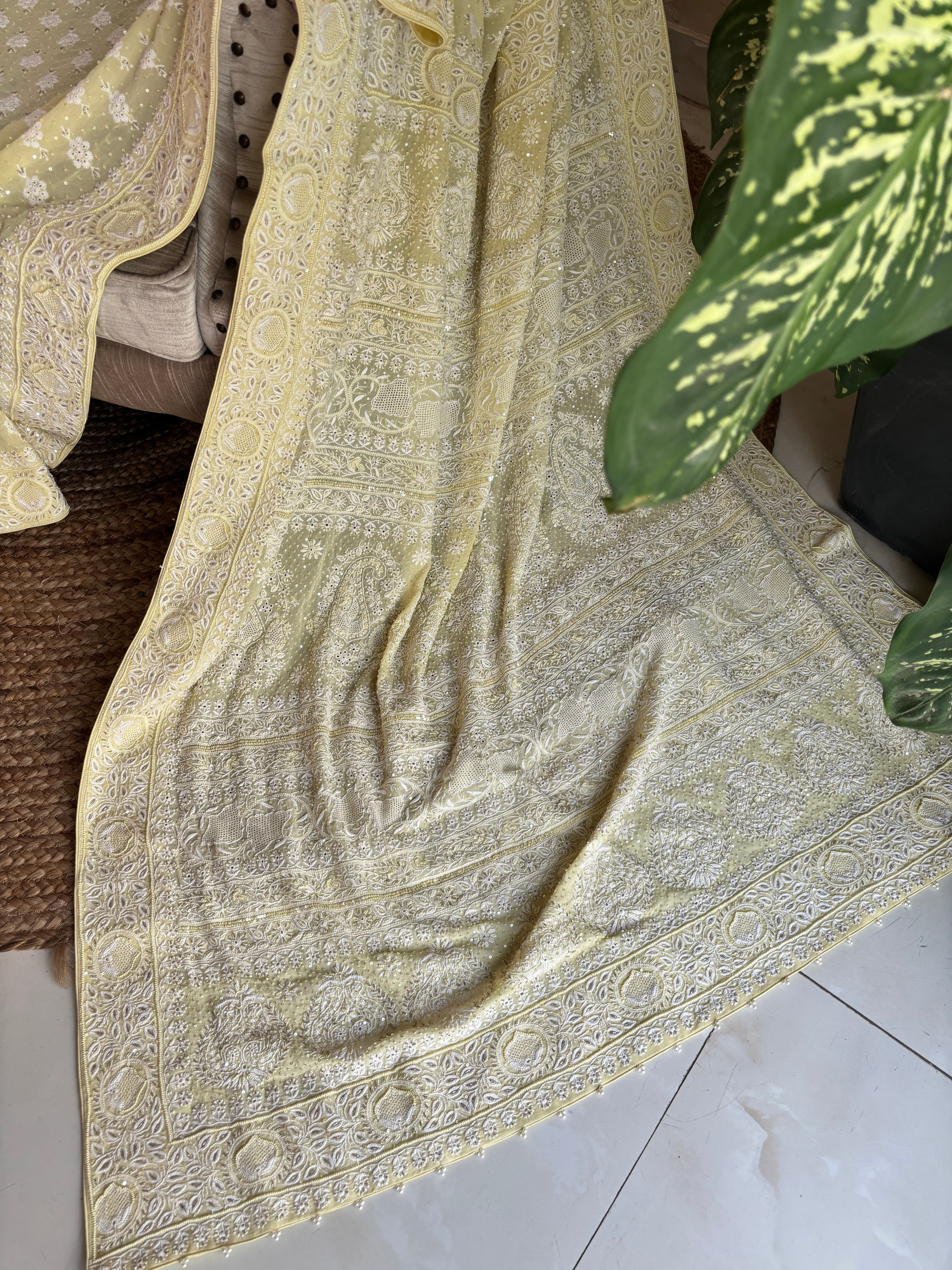Lime Yellow Pure Georgette Chikankari saree and Blouse