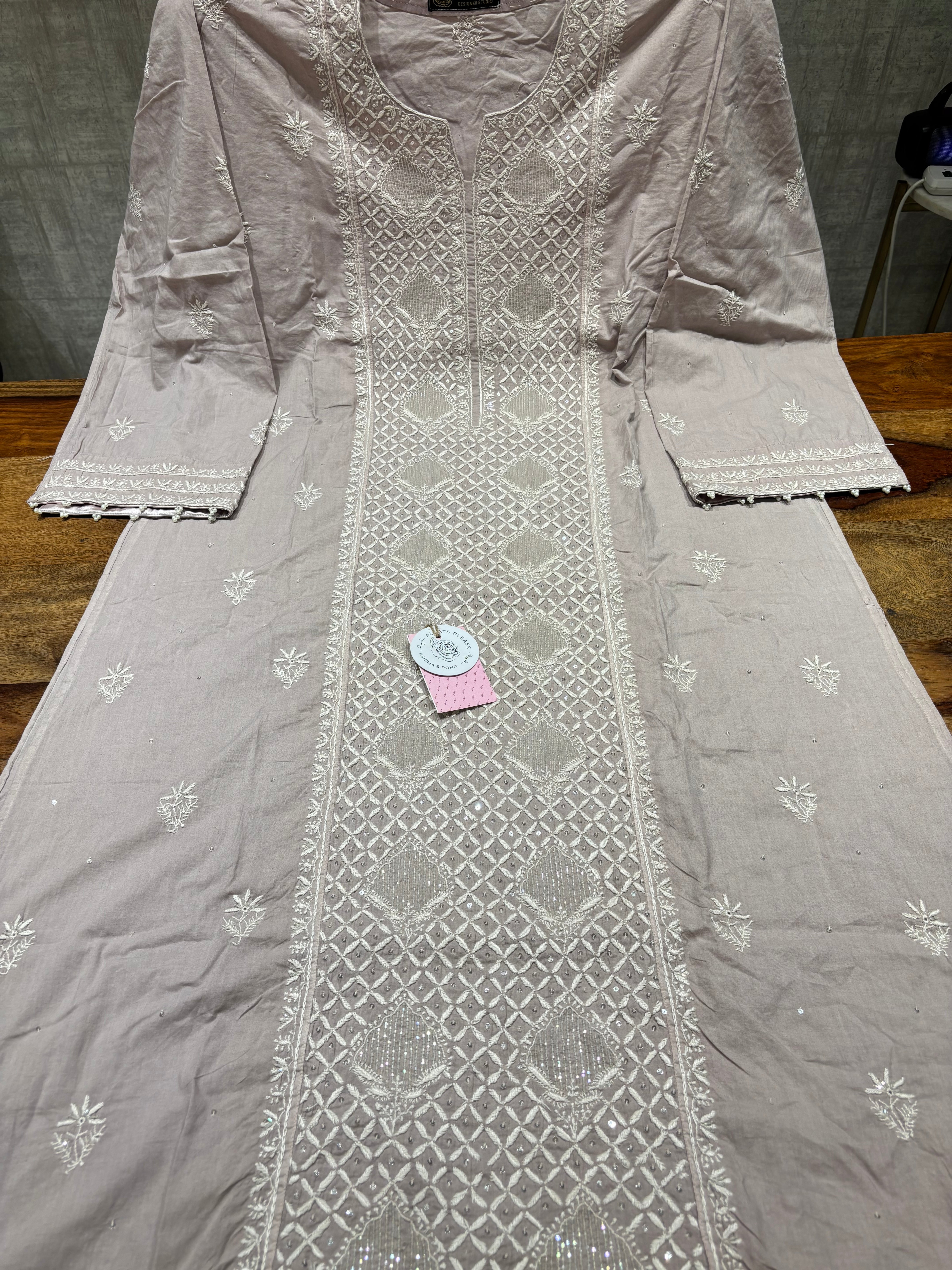 Mauvish Pink Mulmul Chikankari Kurta