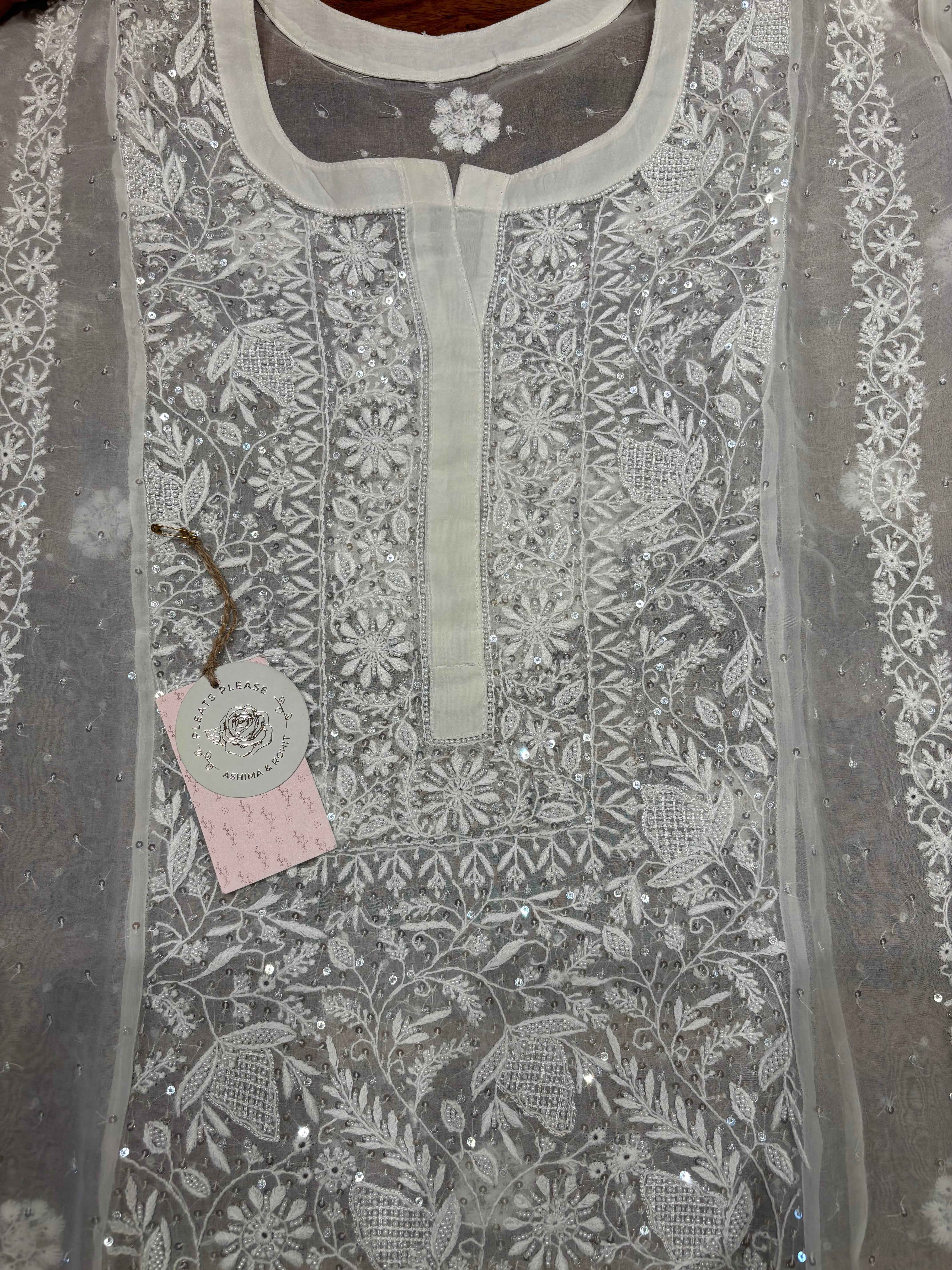 Dyeable Pure and Premium Organza Aline Anarkali and Dupatta - Pleats PleaseChikankari
