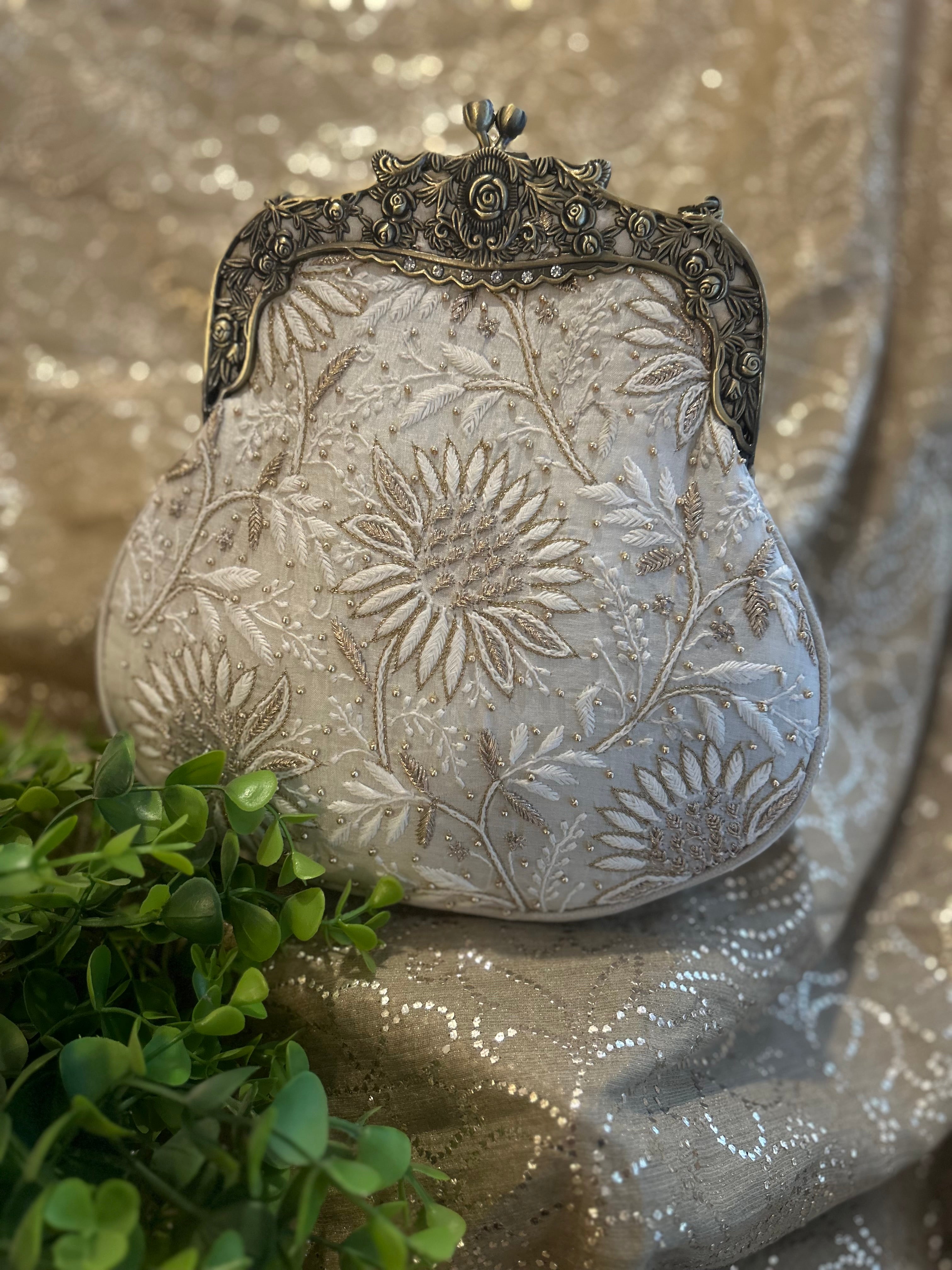 Ivory Chikankari Clutch Bag