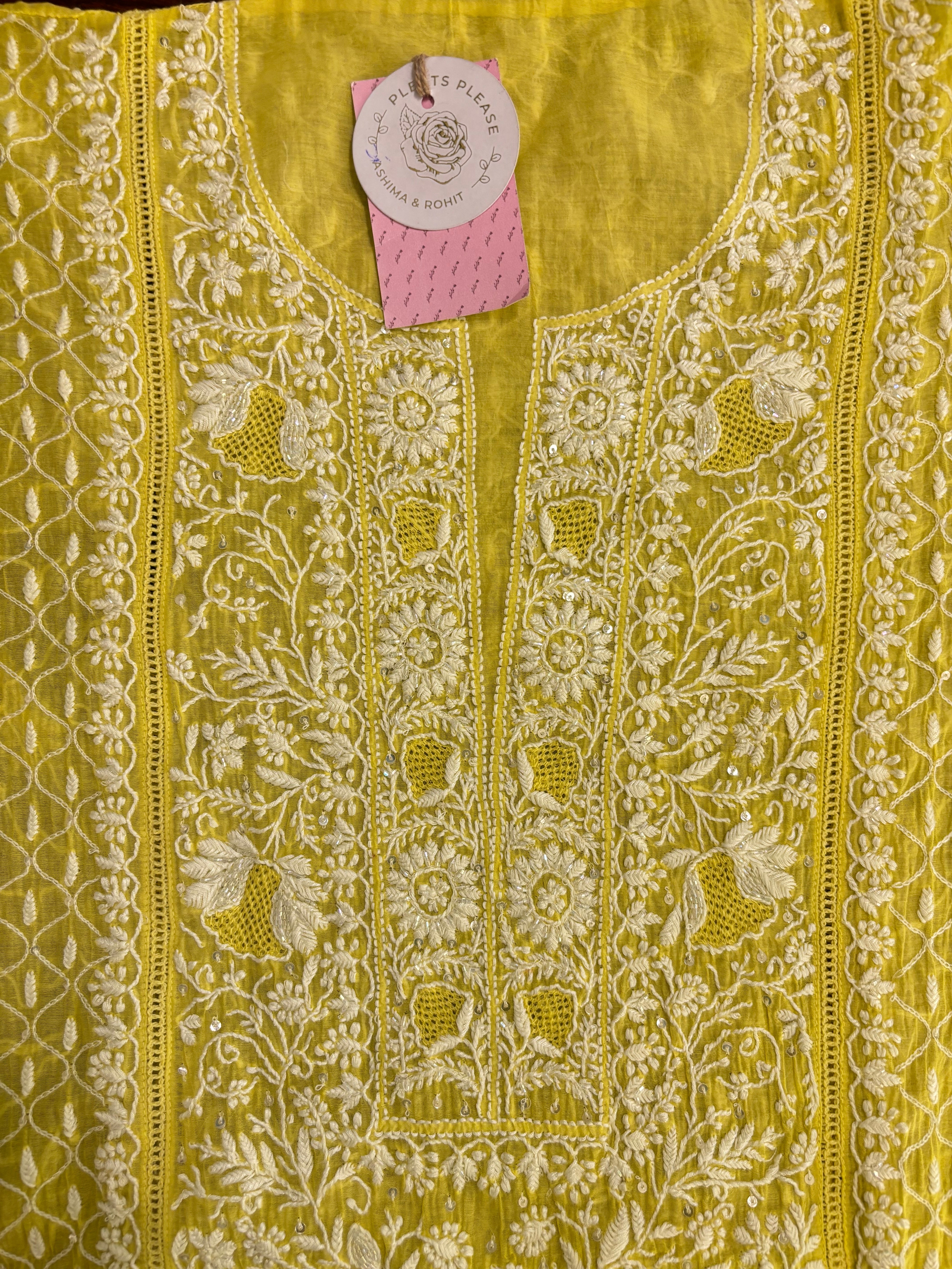 Lemon Yellow Chanderi Chikankari Kurta & Dupatta