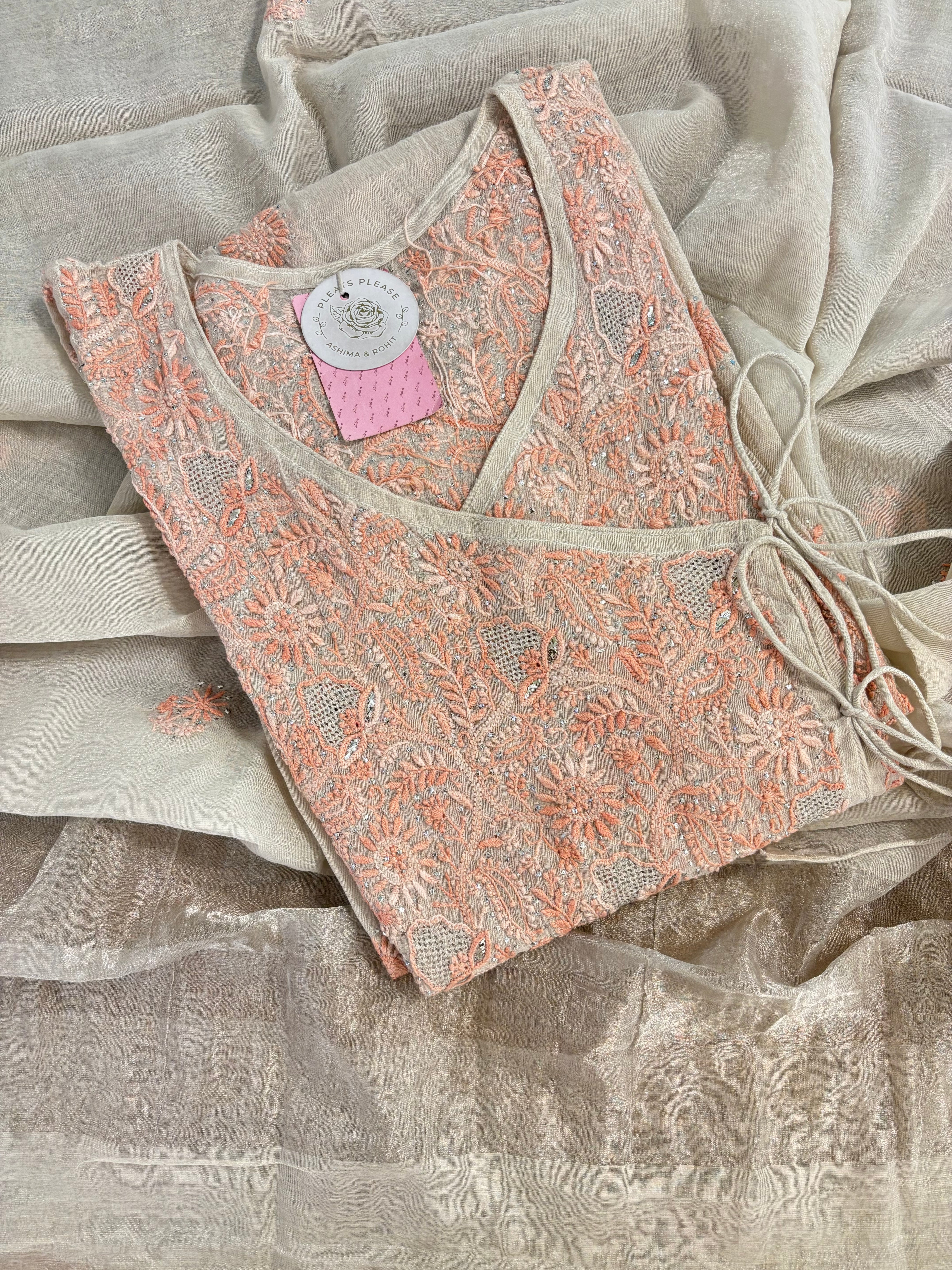 Dyeable Pure & Premium Silver Tissue Mukaish Chikankari Angrakha Kurta & Dupatta