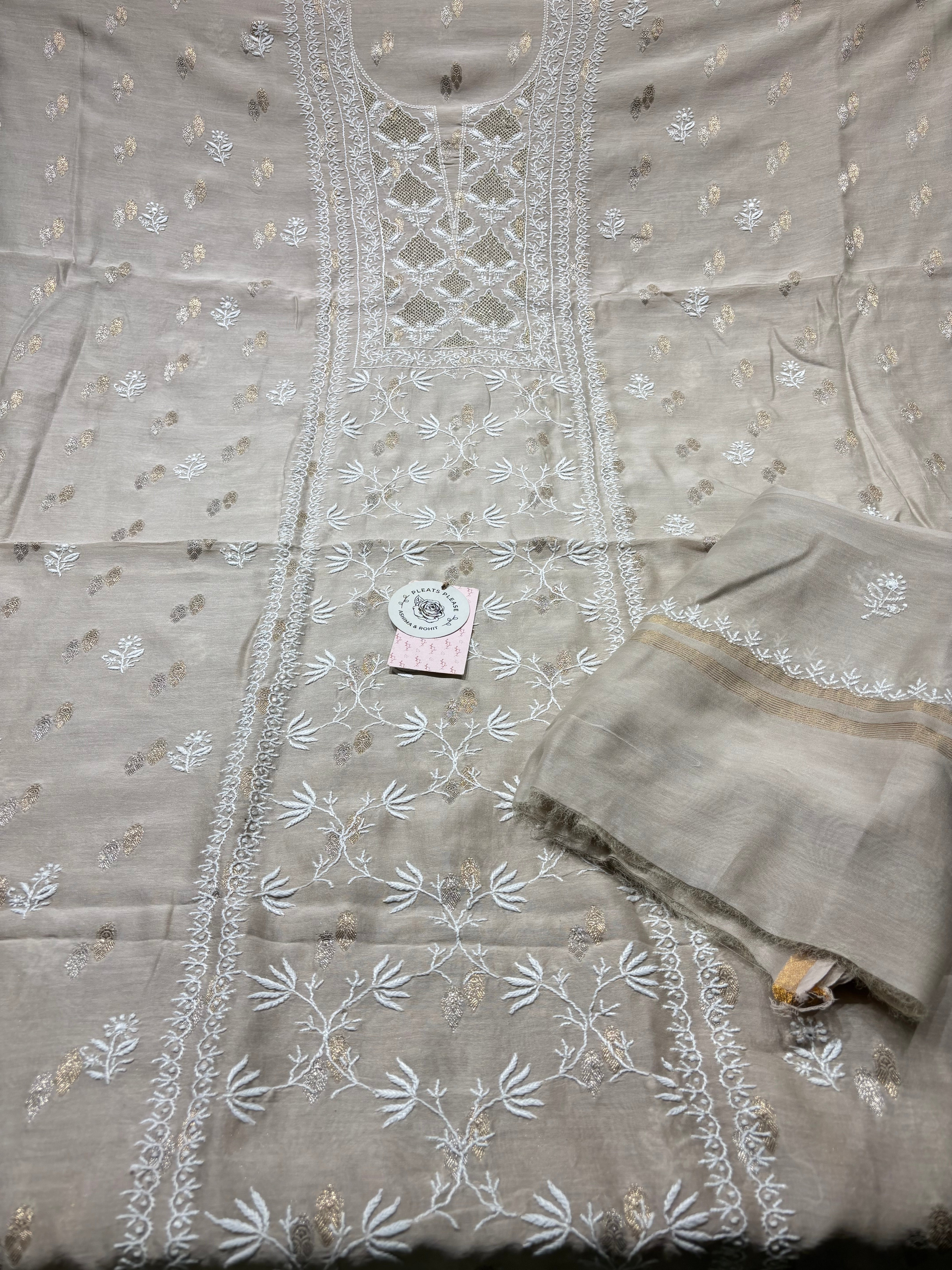 Coffee Creme Chanderi Silk Chikankari Kurta And Dupatta Fabric