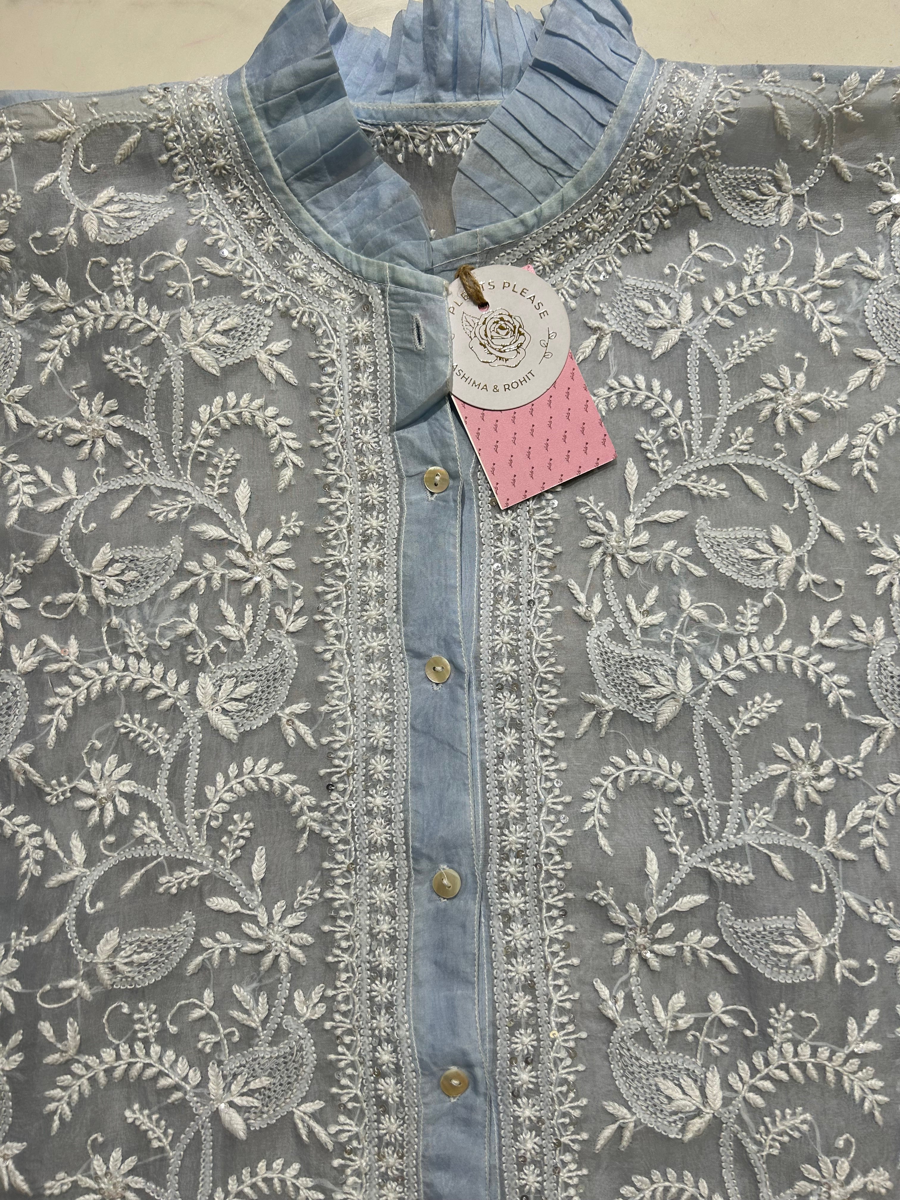 Powder Blue Pure Organza Chikankari Shirt