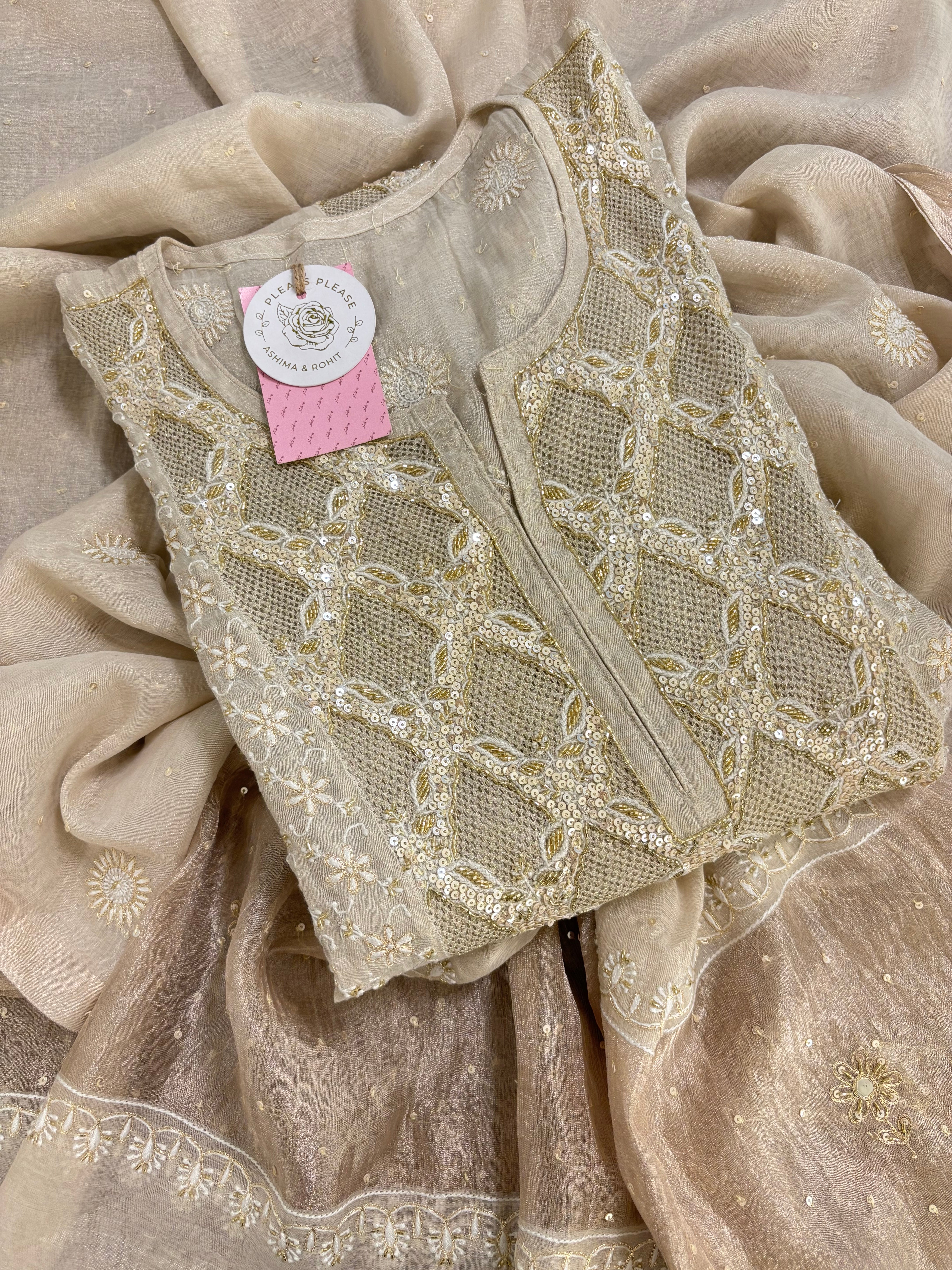 Dyeable Pure & Premium Silver Tissue Chikankari Anarkali & Dupatta
