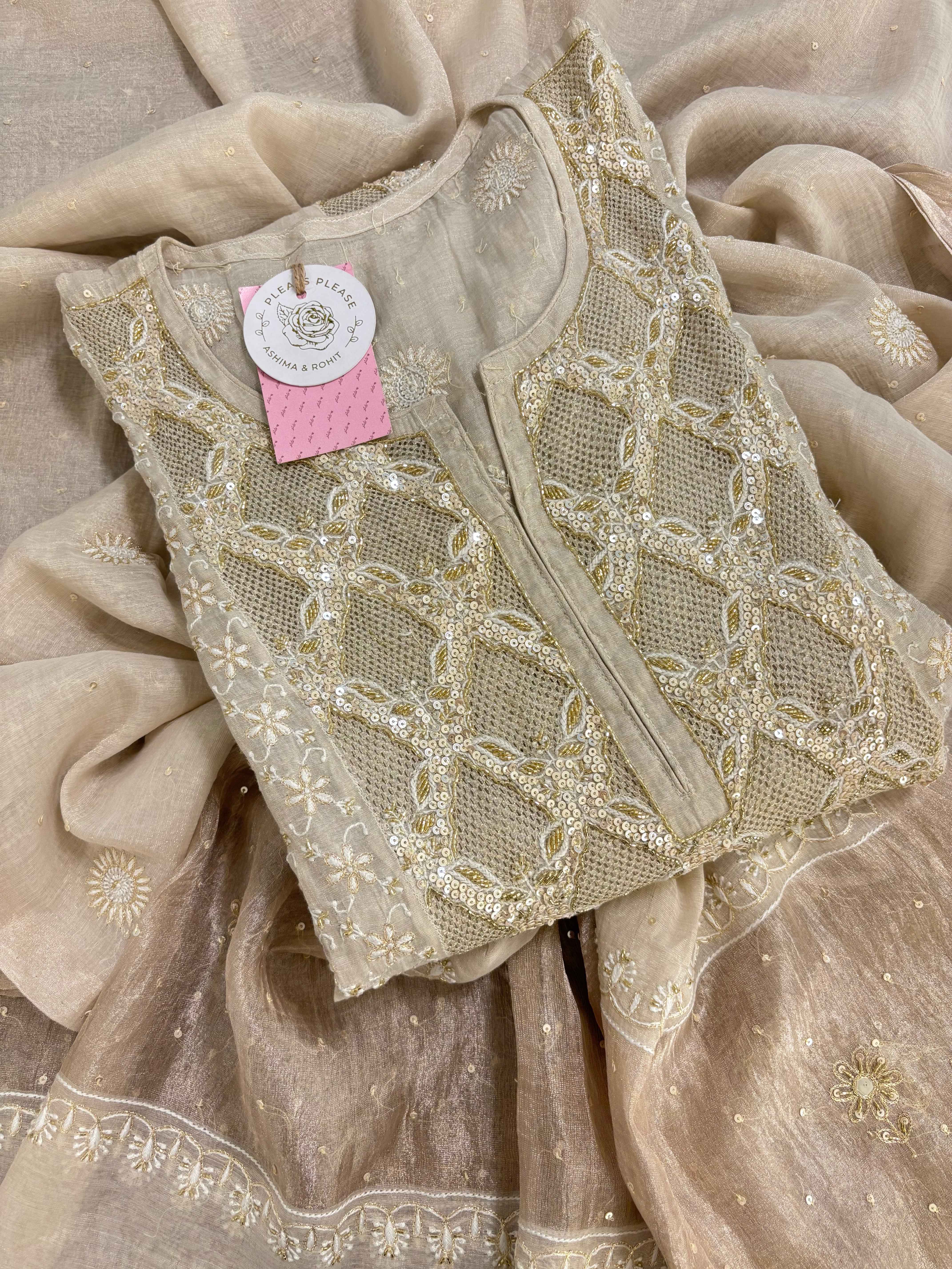 Dyeable Pure & Premium Silver Tissue Chikankari Anarkali & Dupatta